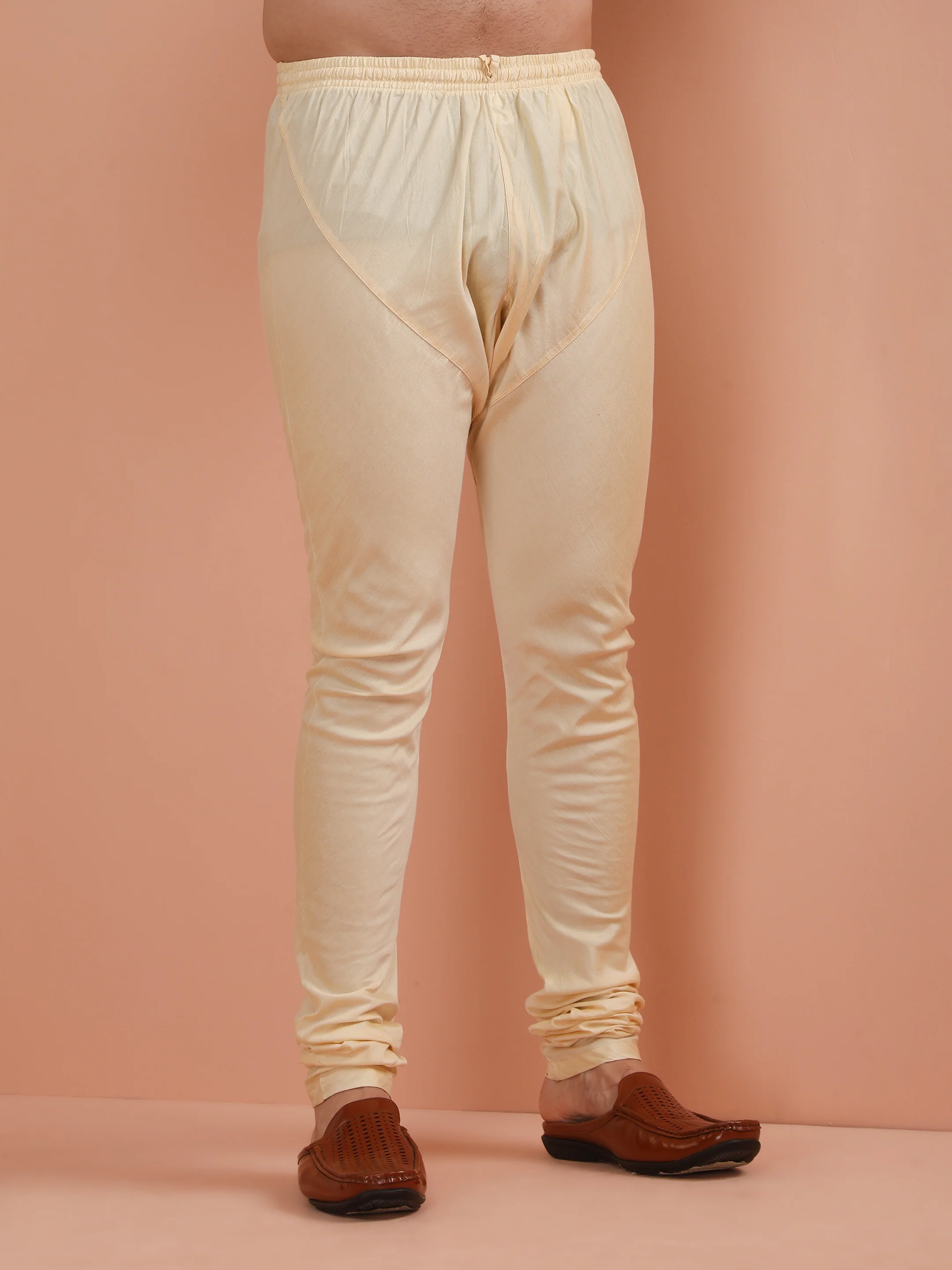 Men Cream Jacquard Kurta Jacket Churidar Set with Floral - Image 7