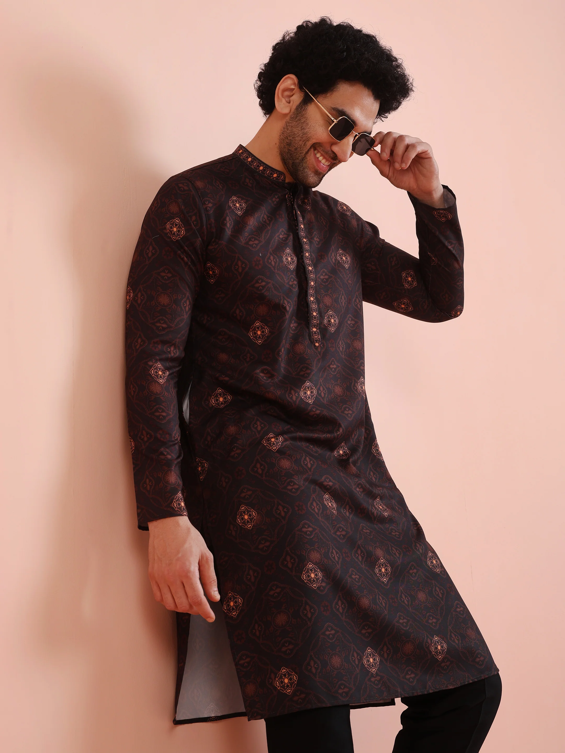 Men Black Printed Geometric Kurta