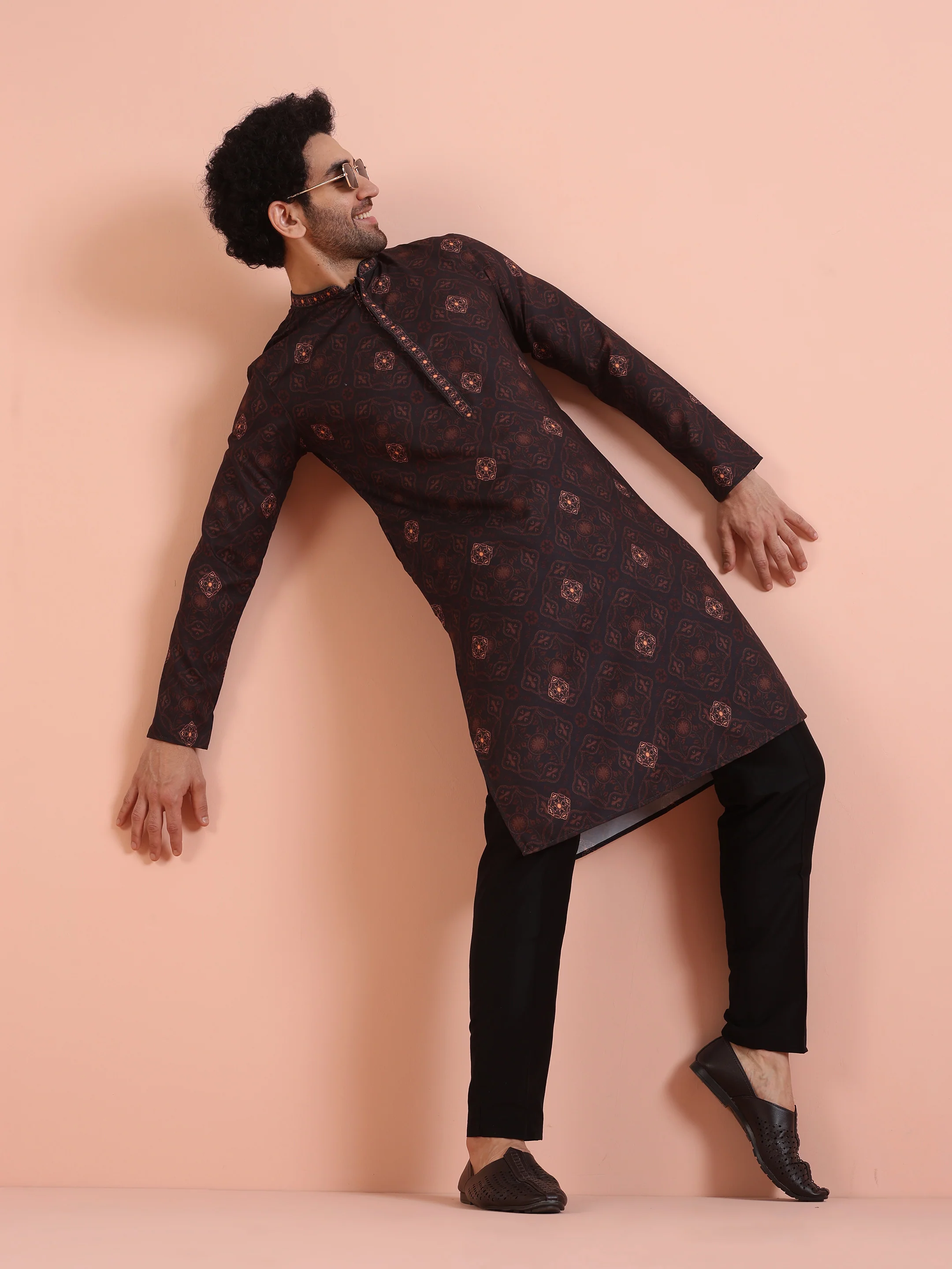 Men Black Printed Geometric Kurta Trouser Set