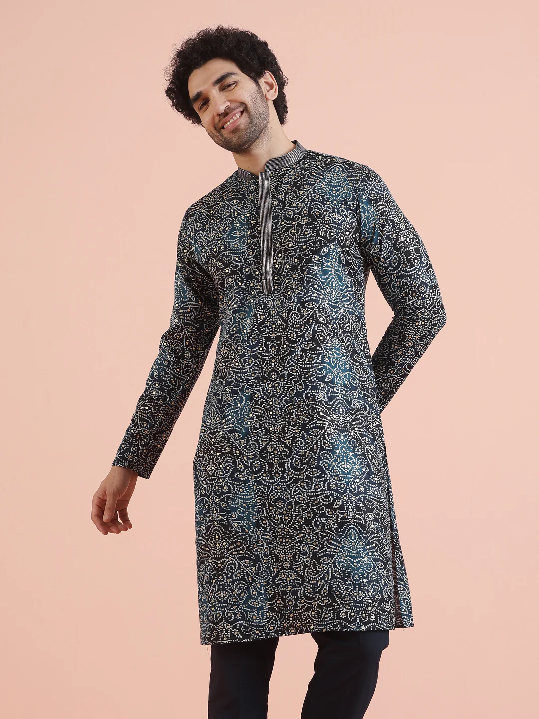 Black Printed Motif Silk Blend Kurta
