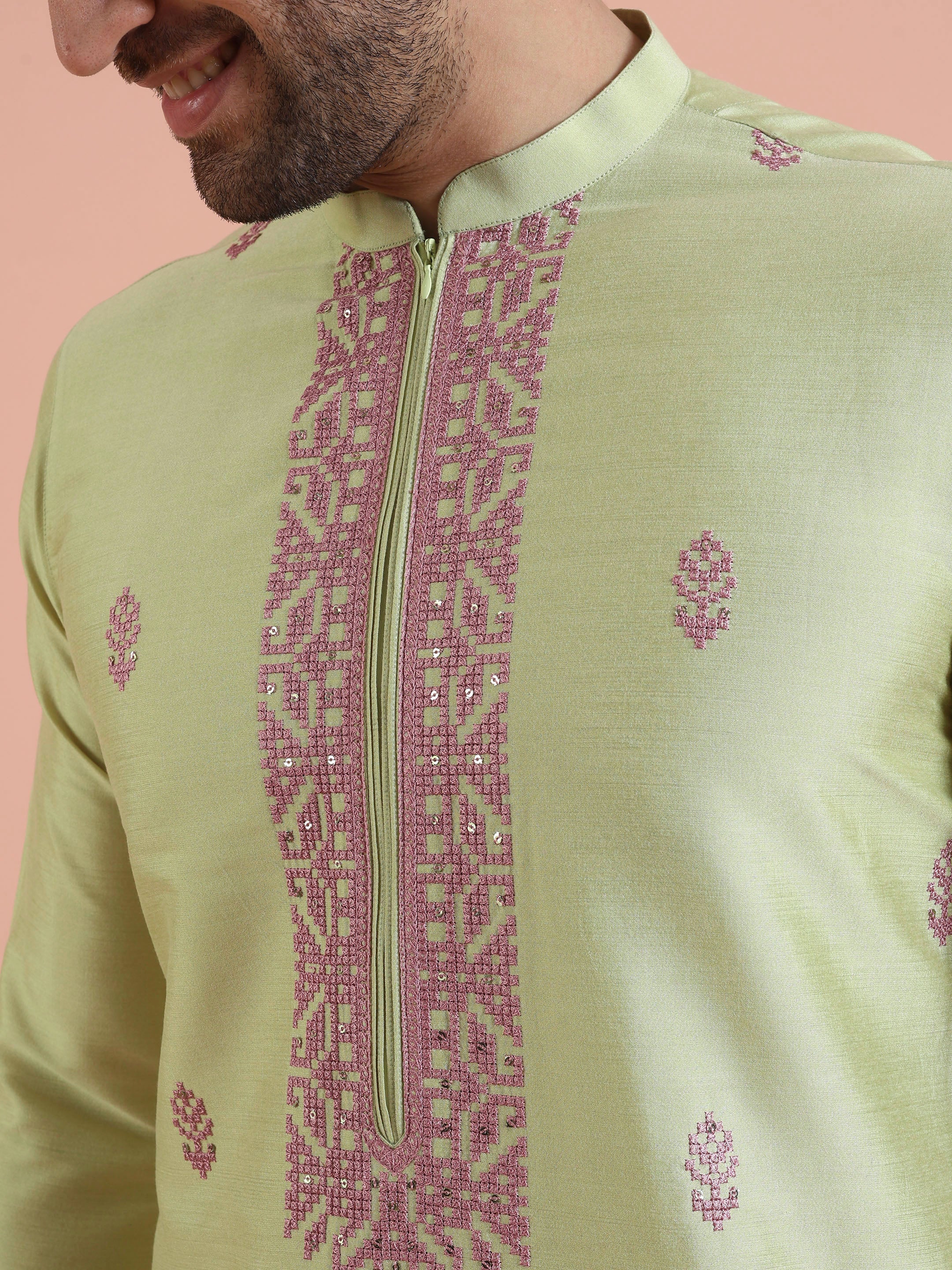 Men Green Embroidered Ethnic Motifs Kurta Dhoti Set - Image 5