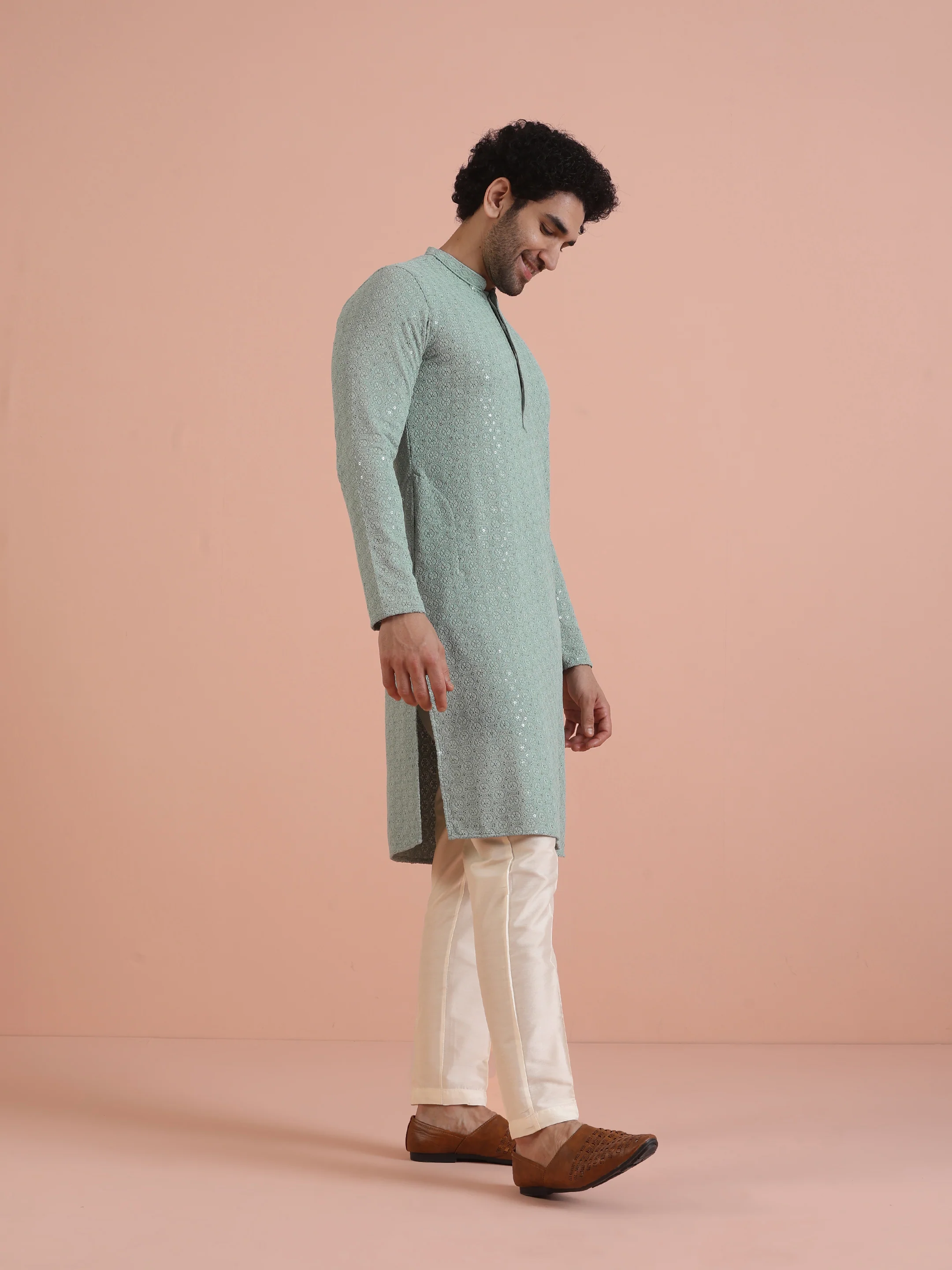 Mint Green Sequinned Kurta Cream Trouser Set - Image 2