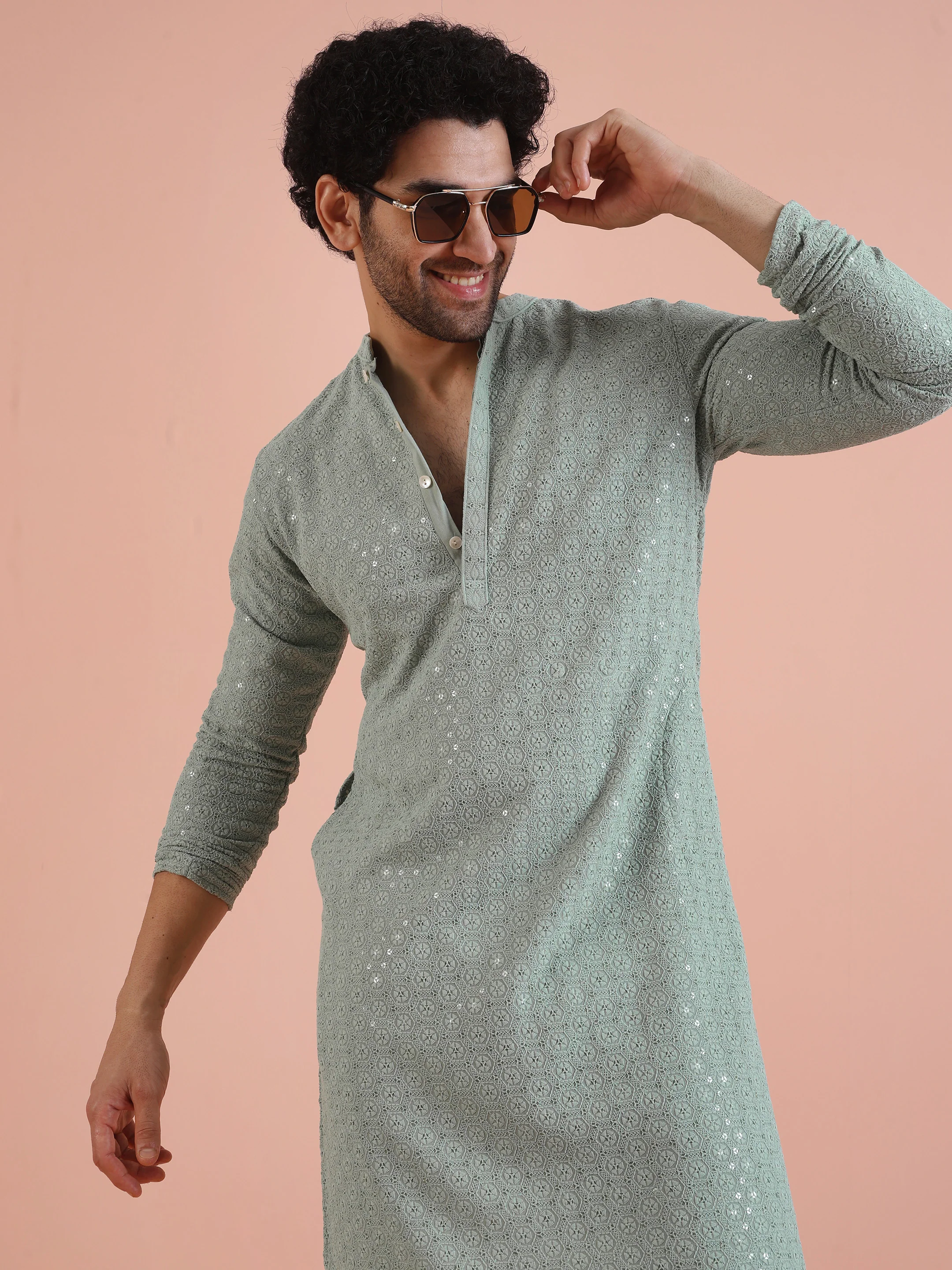 Mint Green Sequinned Kurta Cream Trouser Set - Image 7