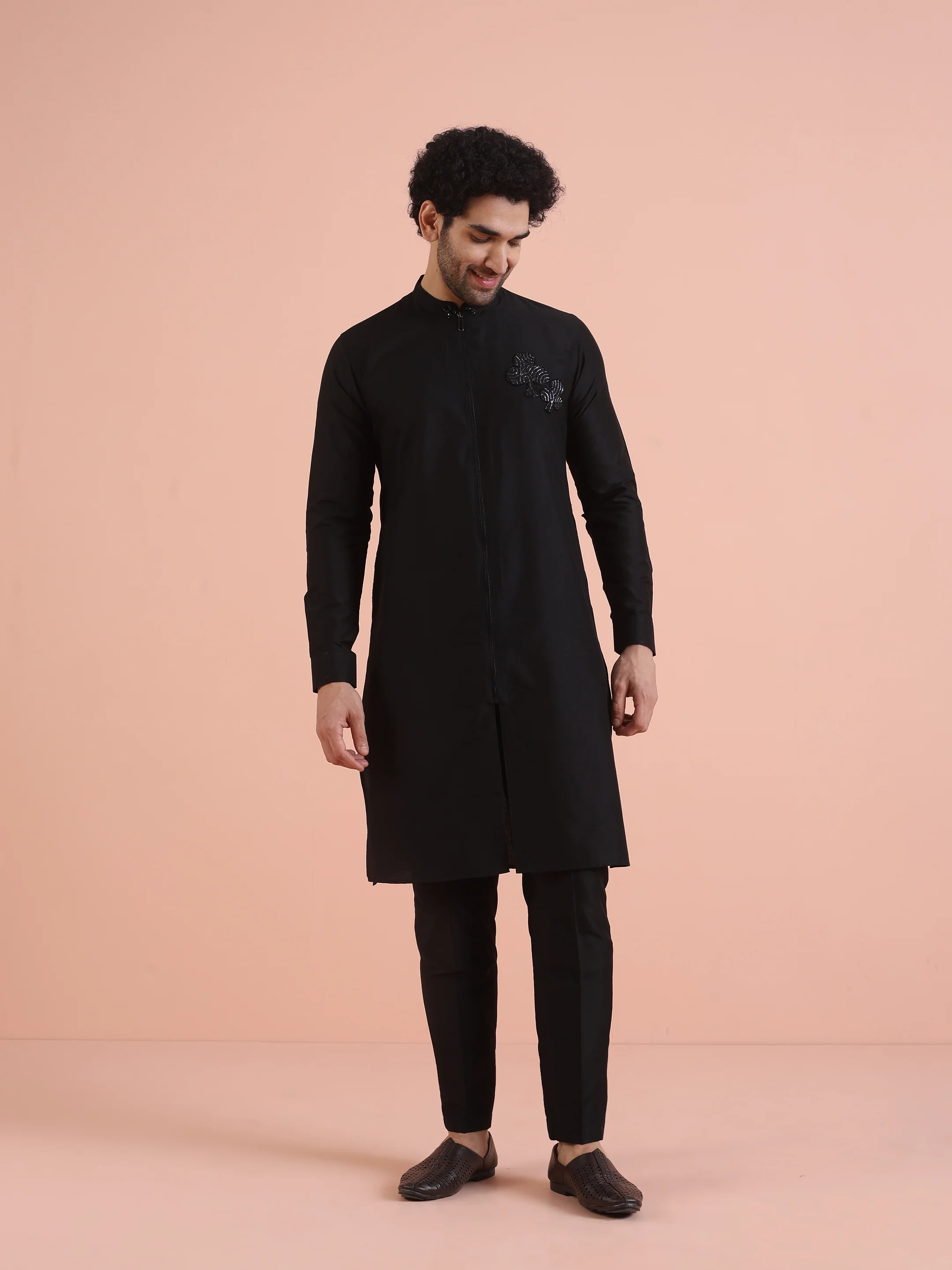 Men Black Solid Kurta Trouser Set with Patch Work - Image 7