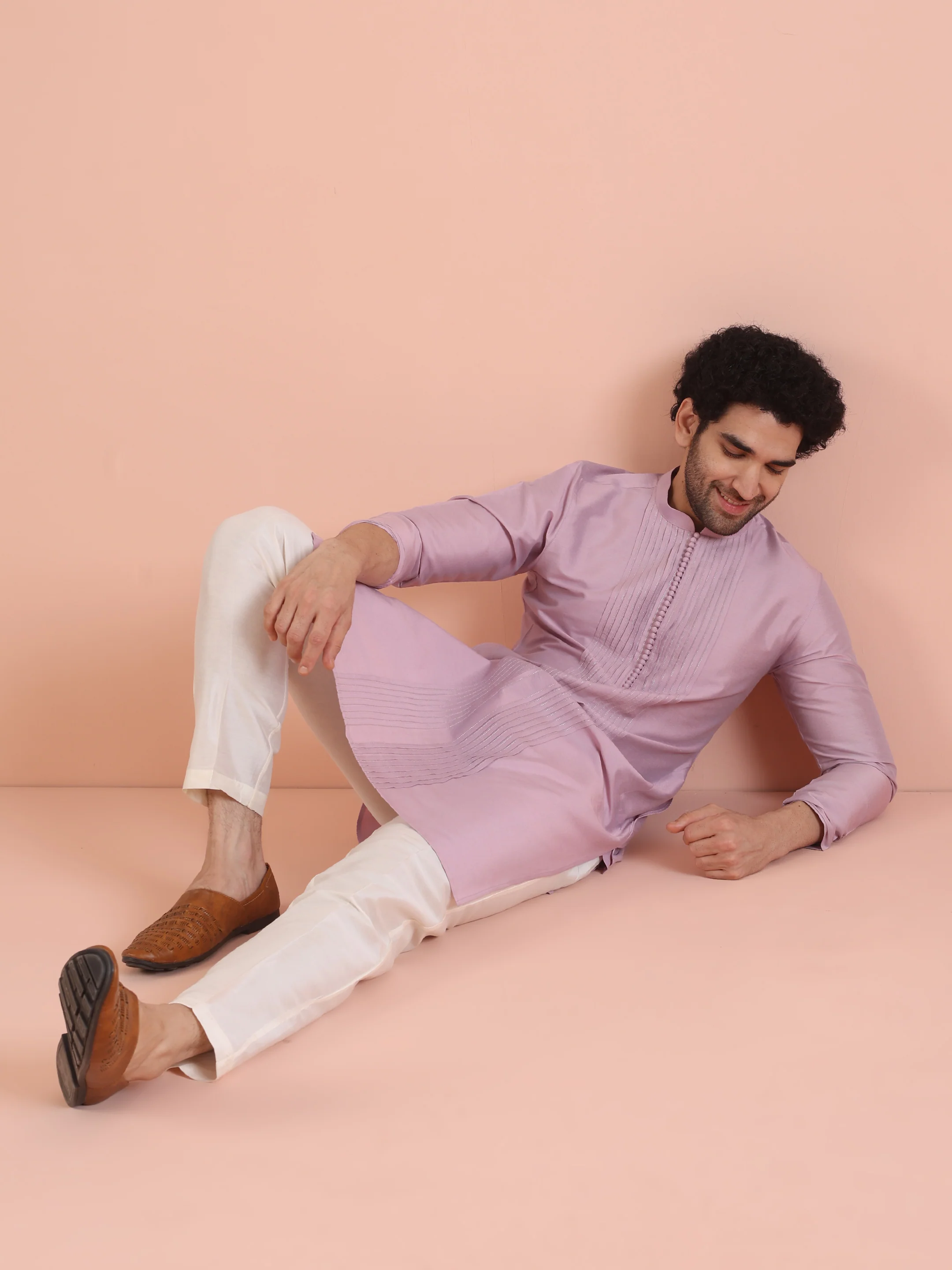 Men Onion pink Pleated Pleated Kurta Trouser Set