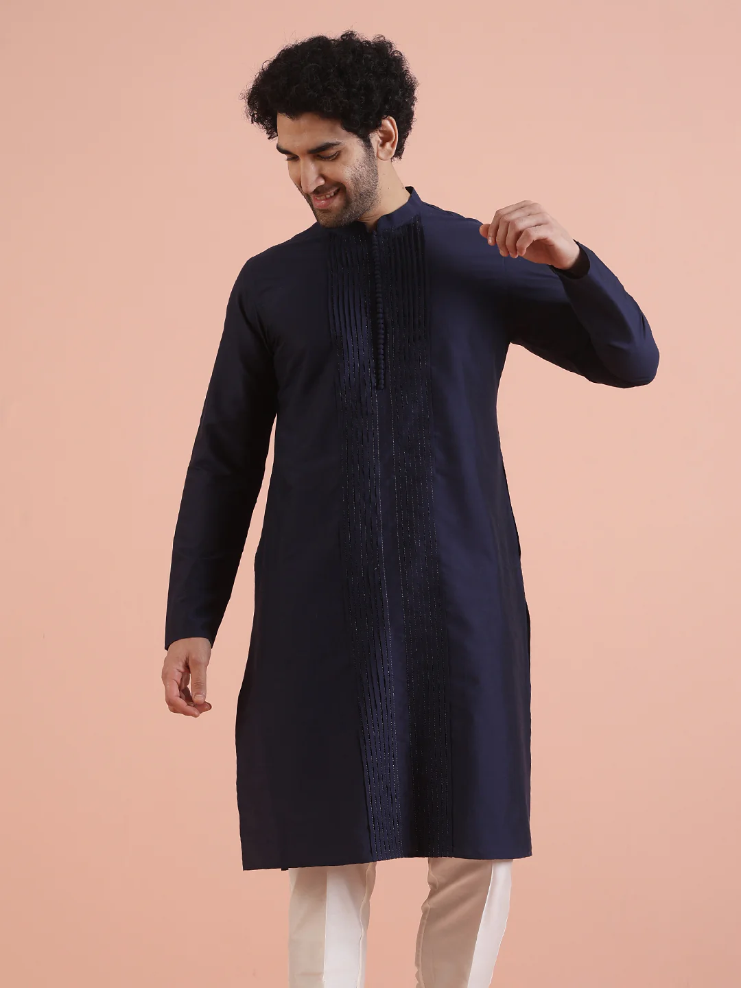 Men Navy Blue Pleated Ethnic Motifs Kurta