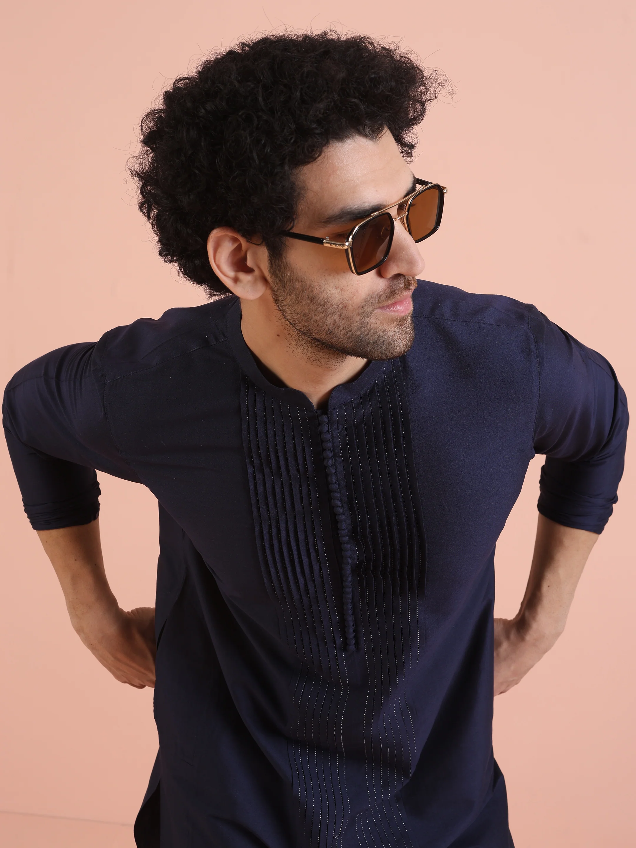 Men Navy Blue Pleated Ethnic Motifs Kurta - Image 6