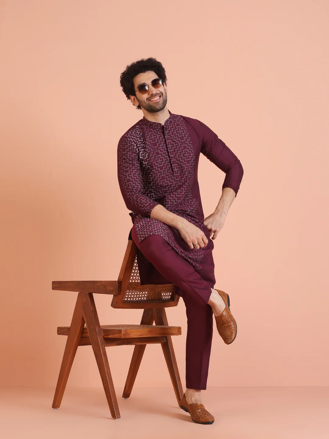 Wine Silk Blend Kurta Geometric Printed Long Kurta with Matching Trouser Set
