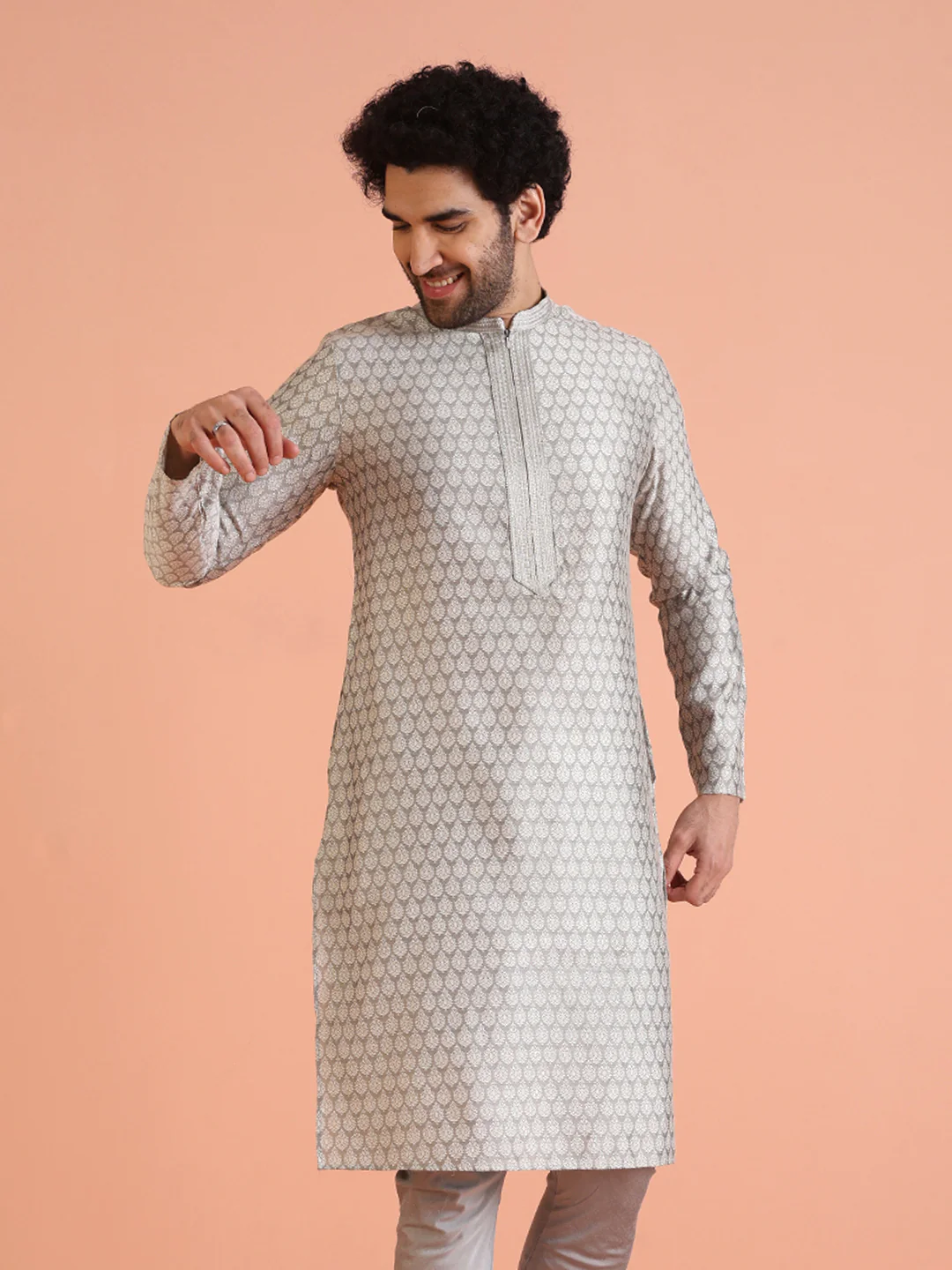 Men Grey Jacquard Ethnic Motifs Kurta