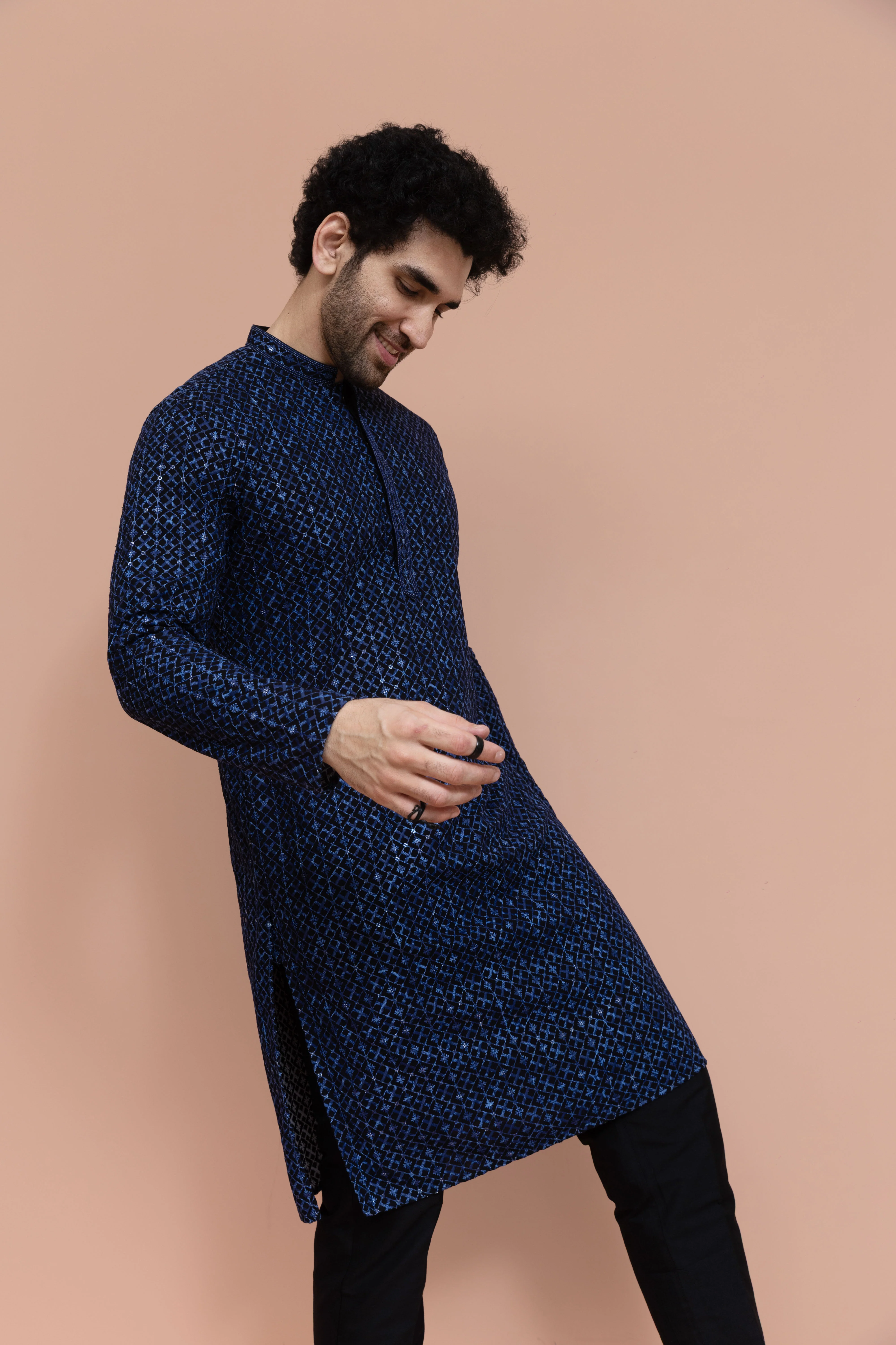 Men Blue Geometric Heavy Thread Work Kurta Trouser Set