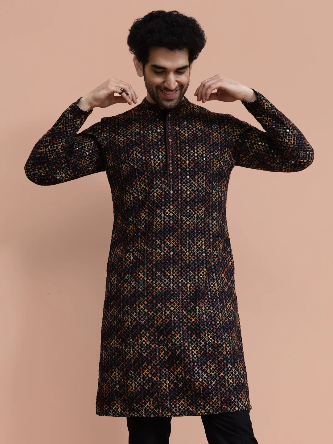 Men Multi Geometric Heavy Thread Work Kurta
