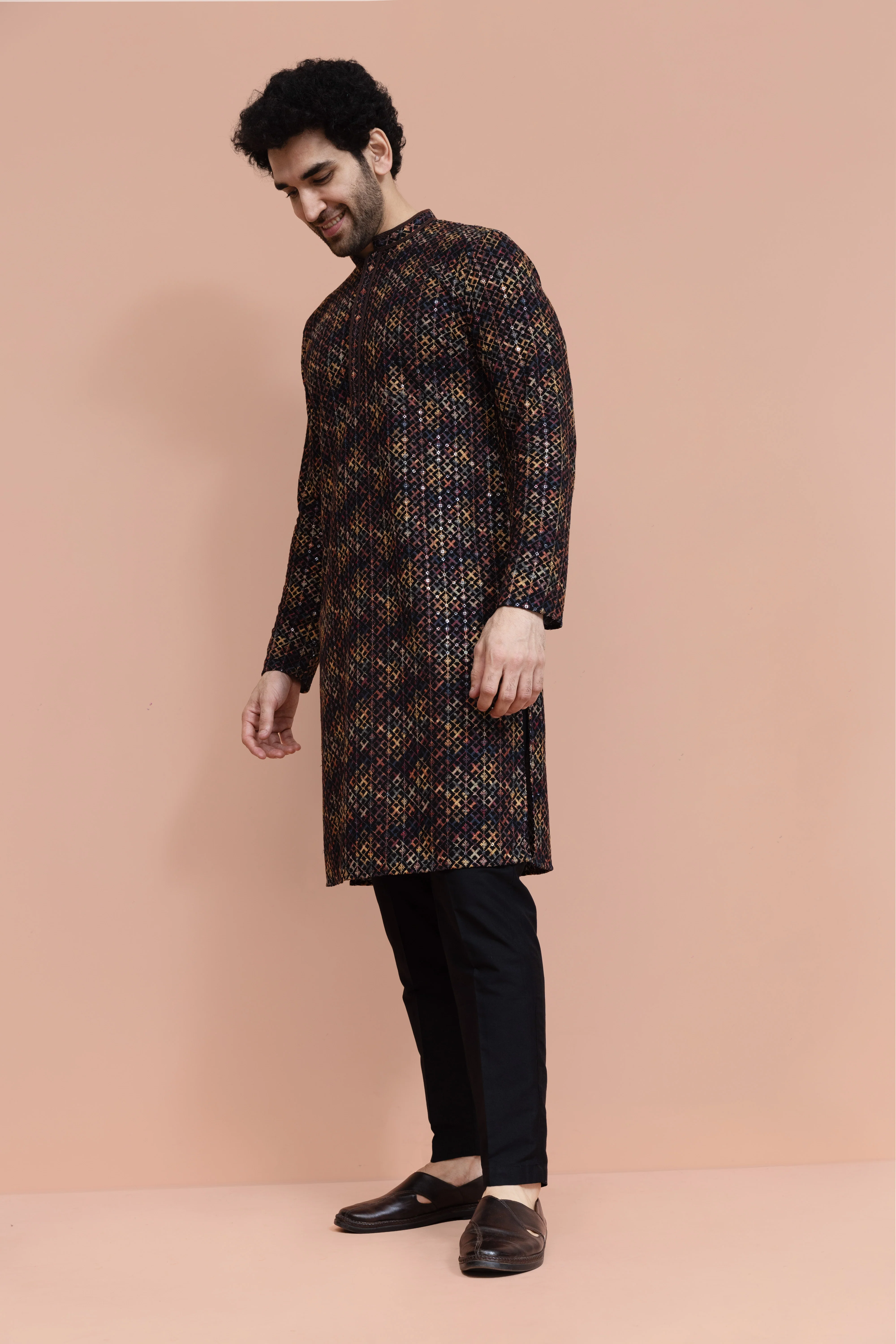 Men Multi Geometric Heavy Thread Work Kurta Trouser Set - Image 2