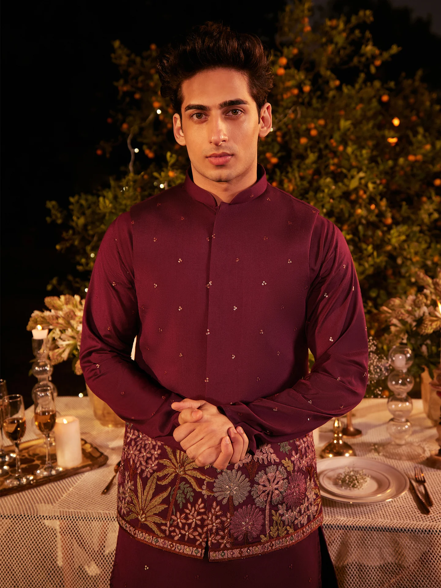 Wine Embroidered Floral Jacket Kurta Trouser Set