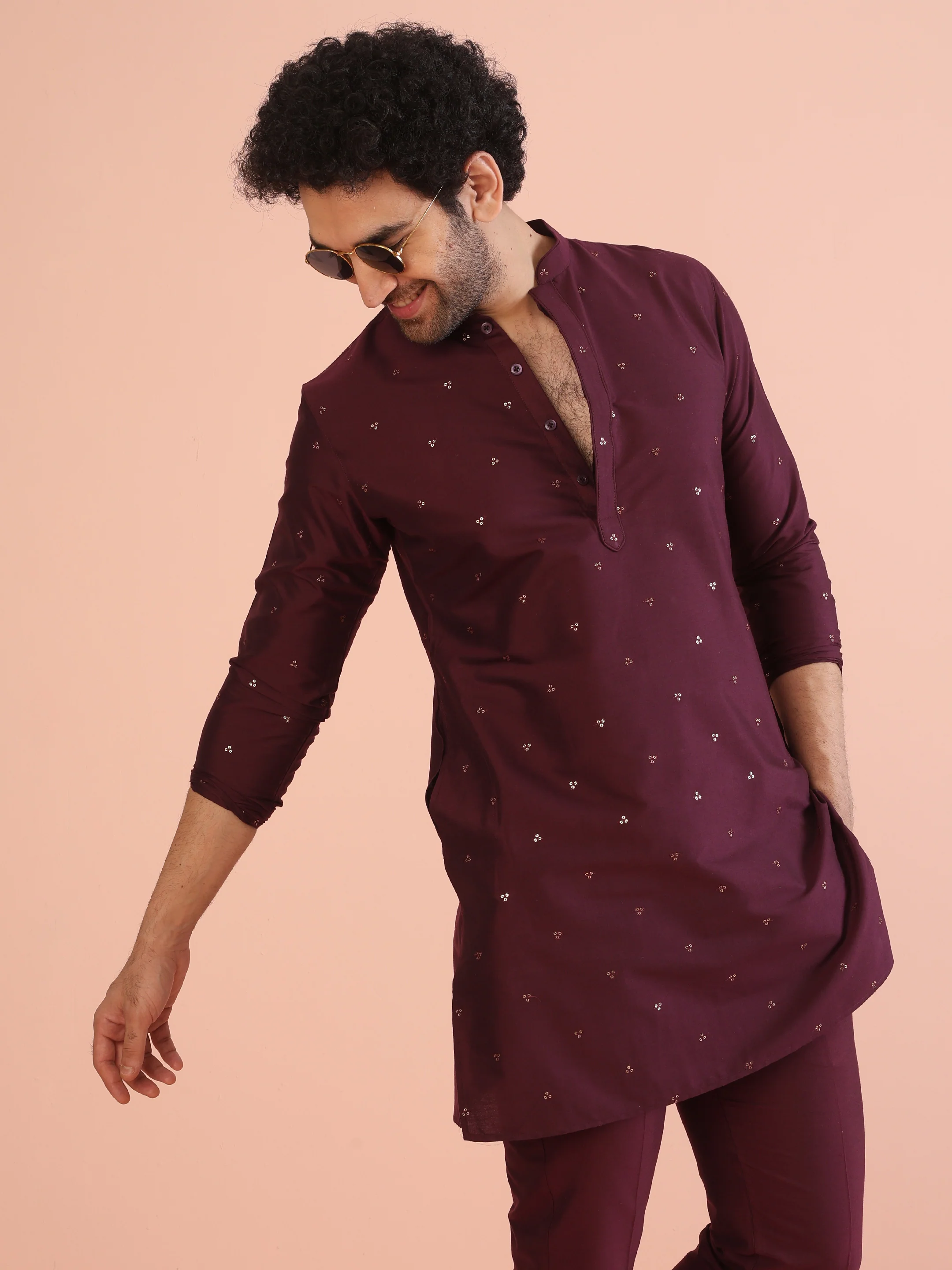 Men Wine Embellished Kurta with Sequined