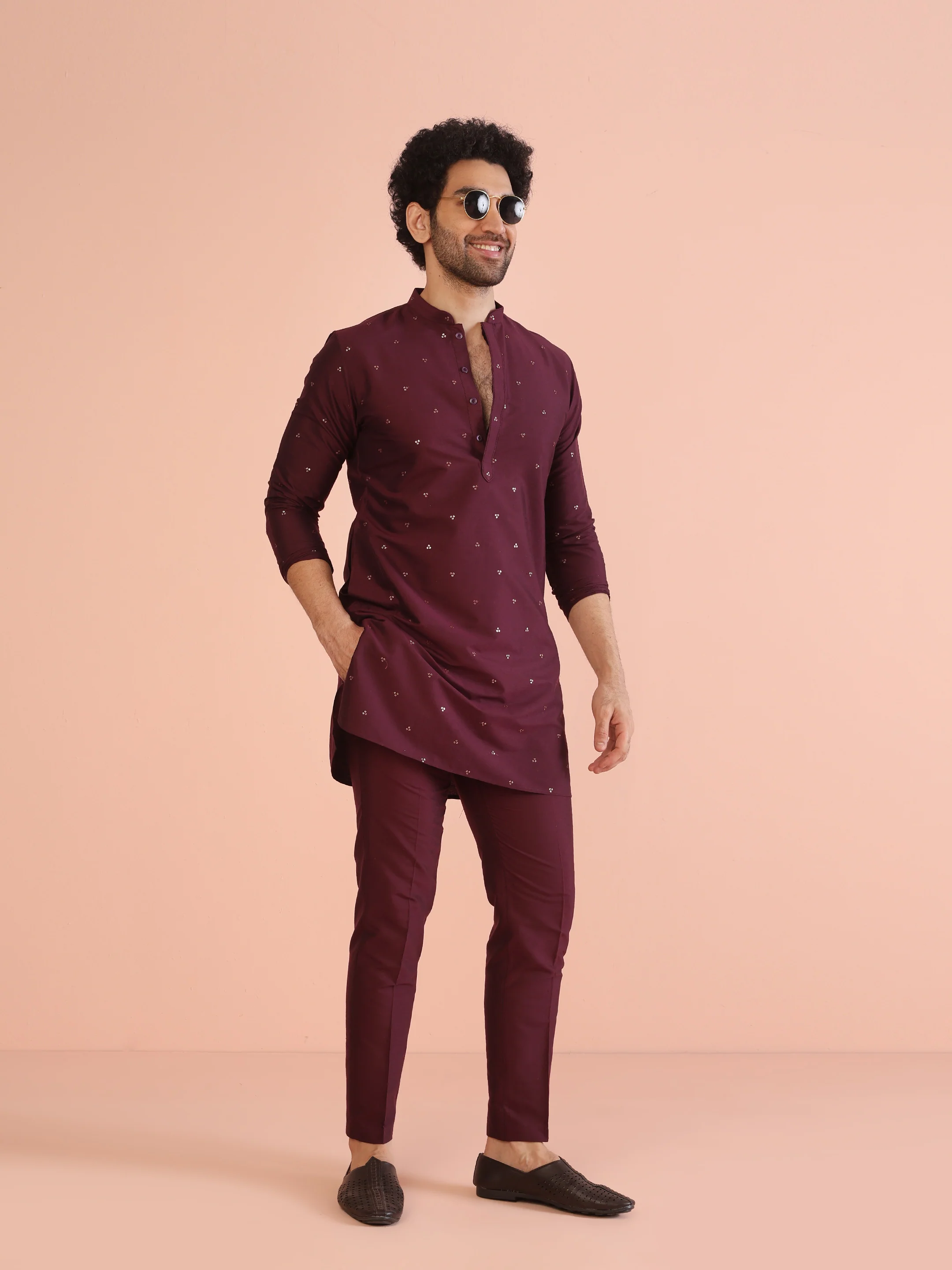 Men Wine Embellished Sequinned Kurta Trouser Set