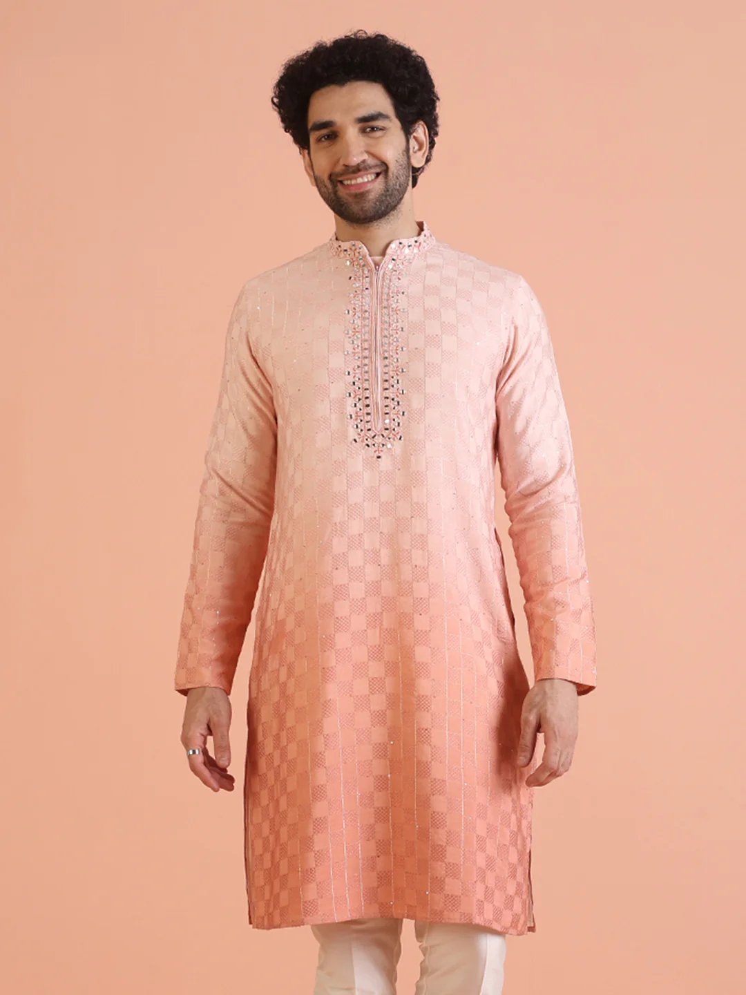 Men Ombre Embellished Mirror Work Kurta