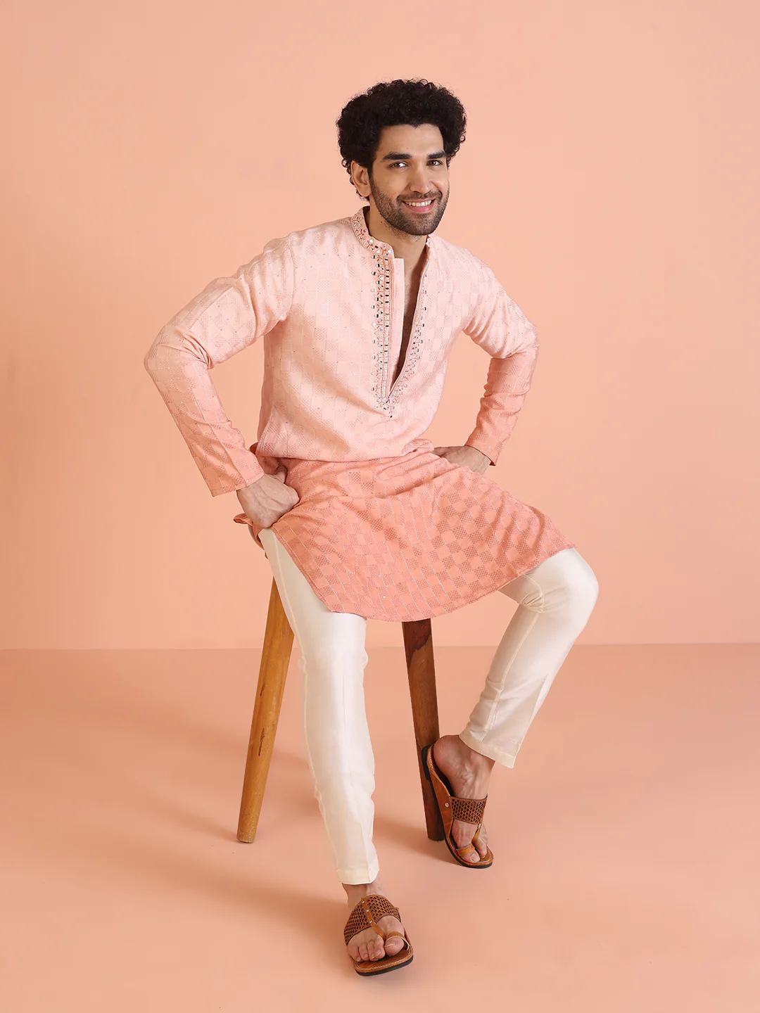 Men Ombre Embellished Mirror Work Kurta Trouser Set
