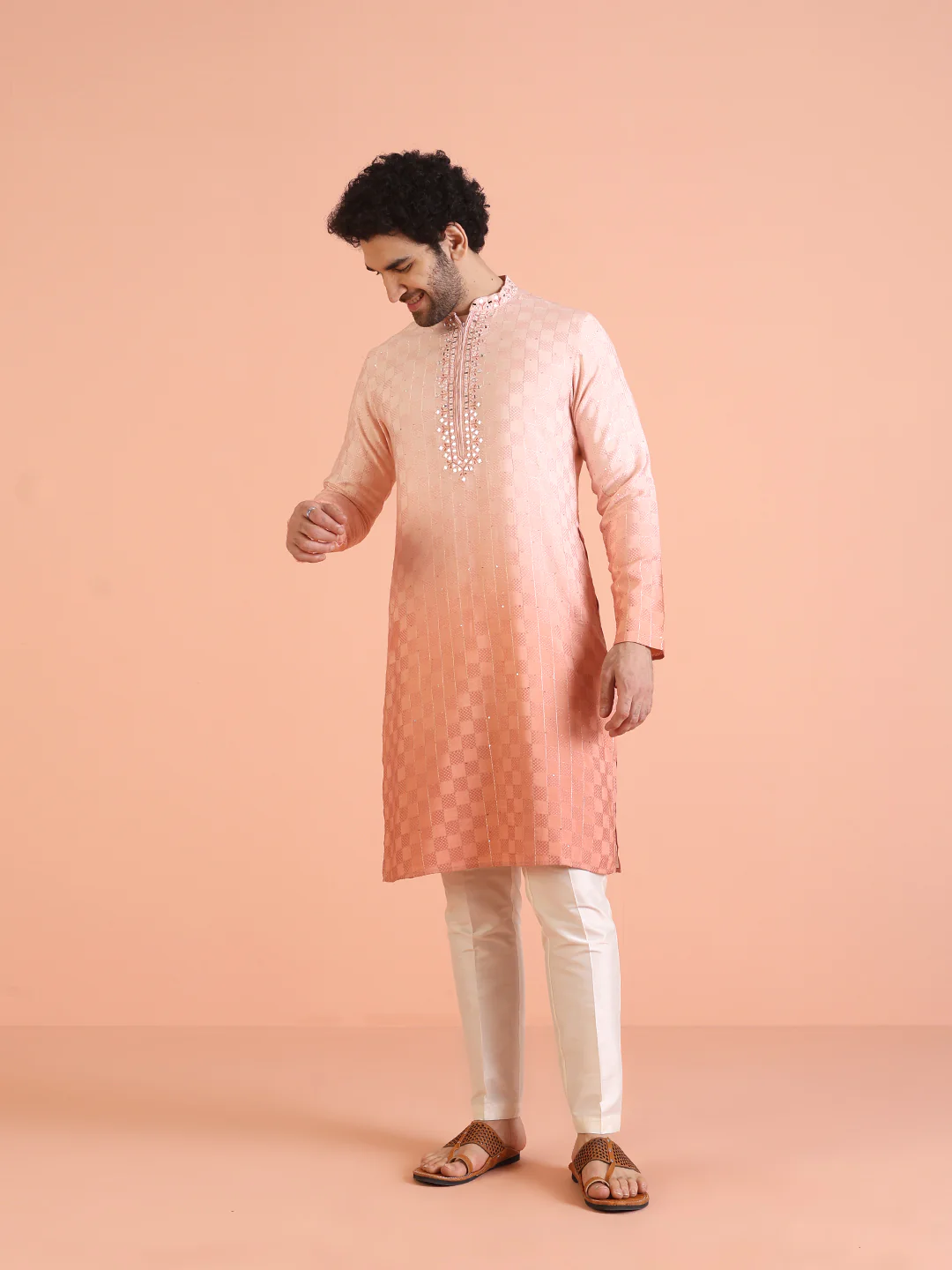 Men Ombre Embellished Mirror Work Kurta Trouser Set - Image 2