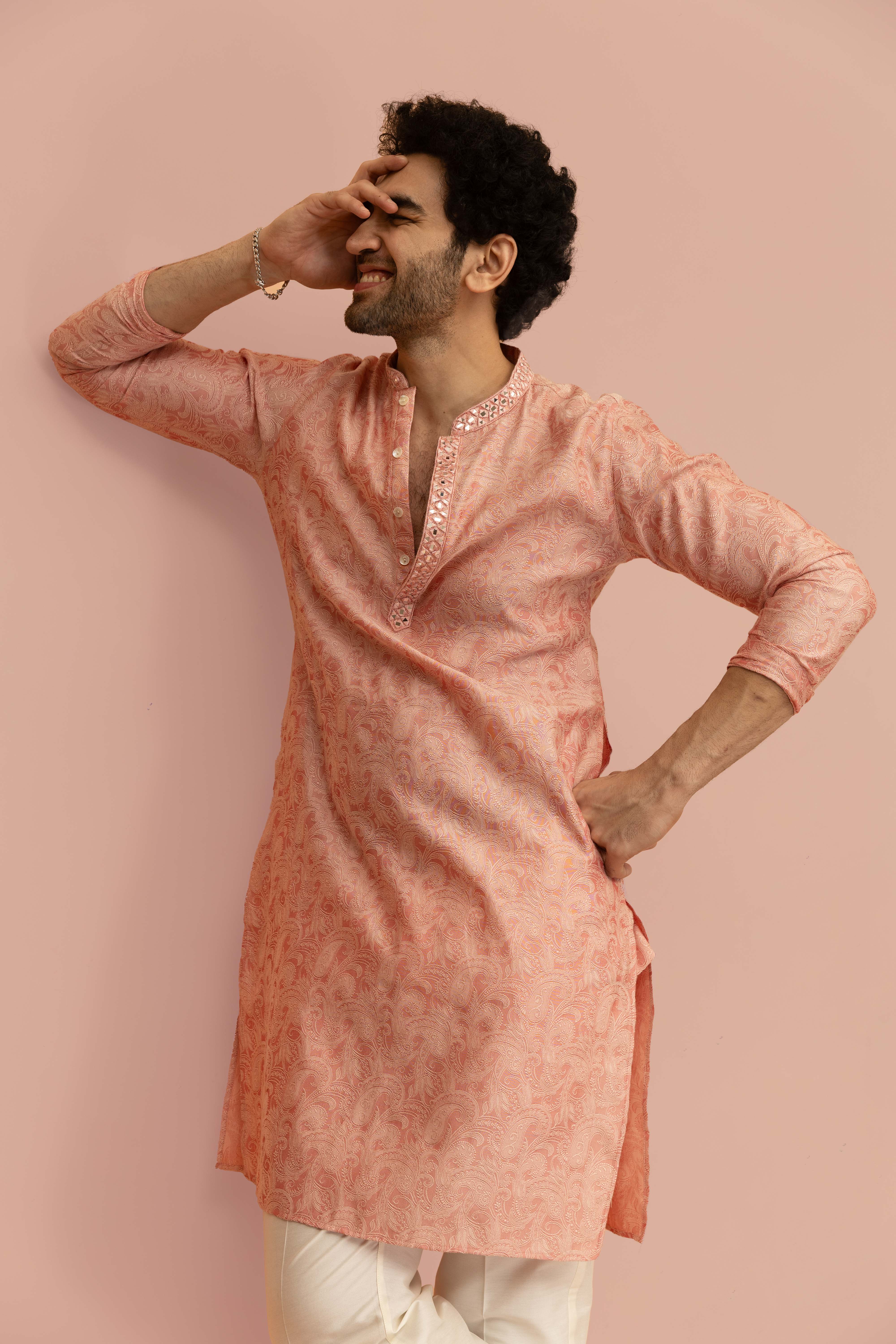 Peach Paisley Print Mirror Work Kurta
