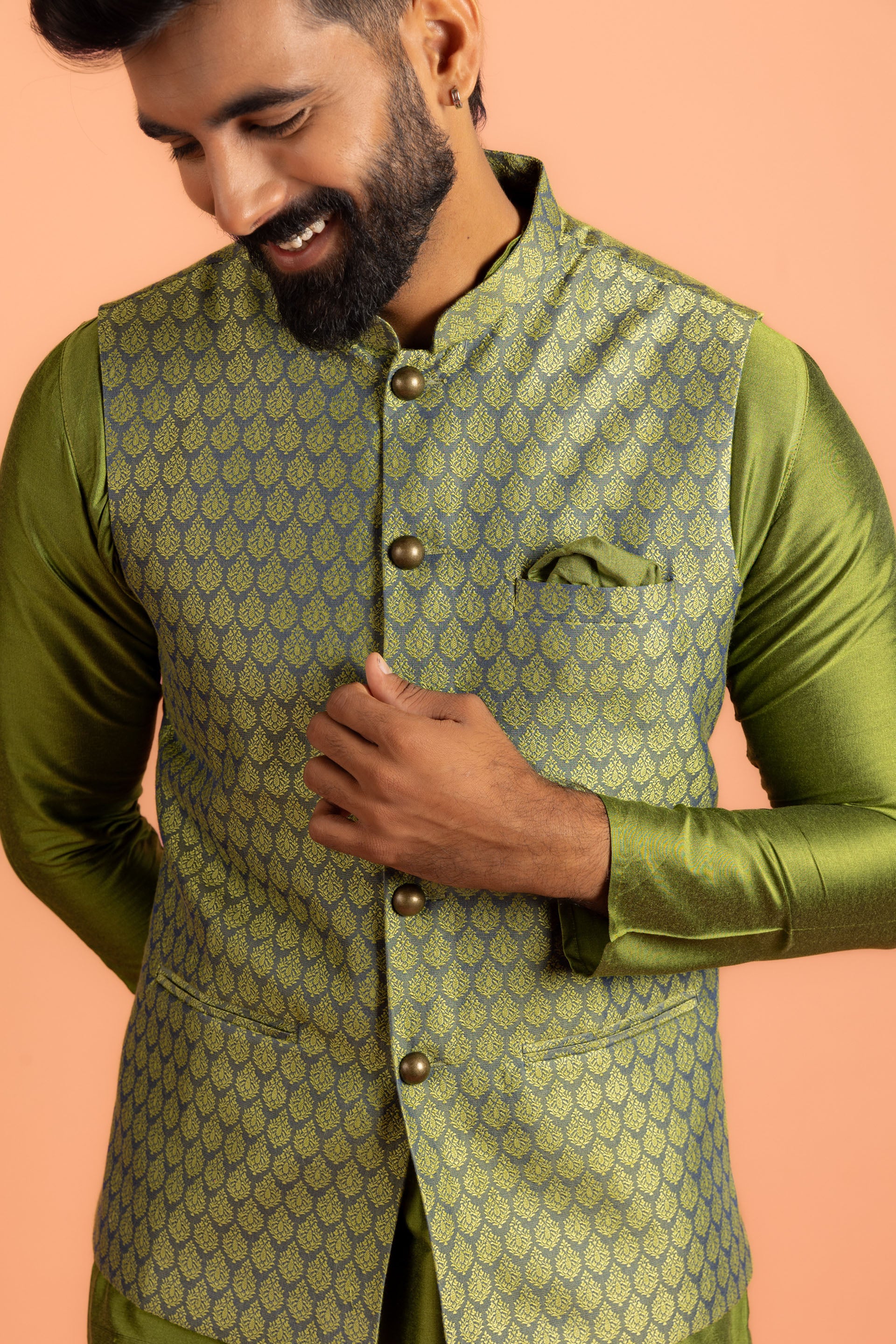 Green Silk Blend Jacquard Nehru Jacket - Image 5