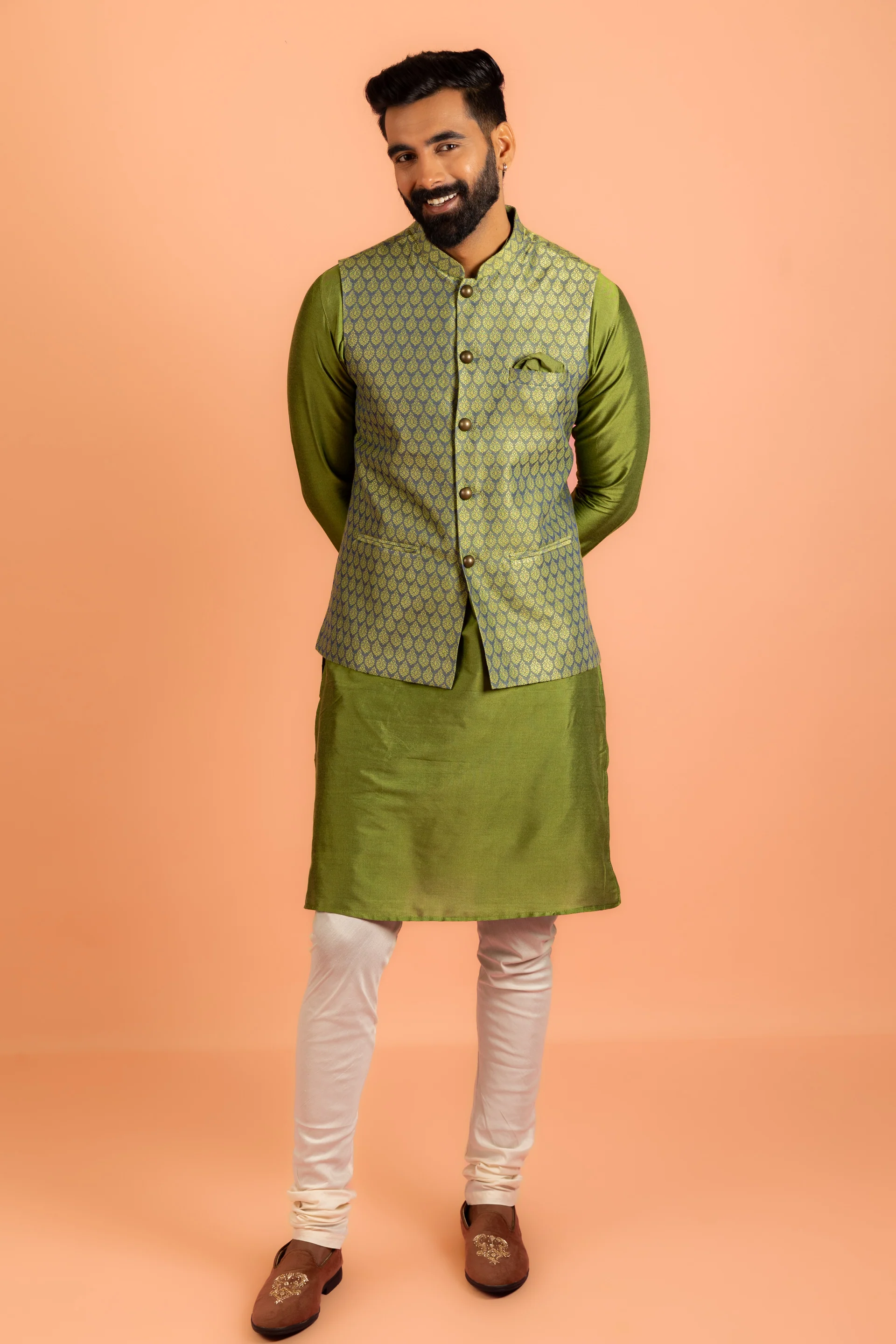 Green Silk Blend Jacquard Nehru Jacket - Image 7
