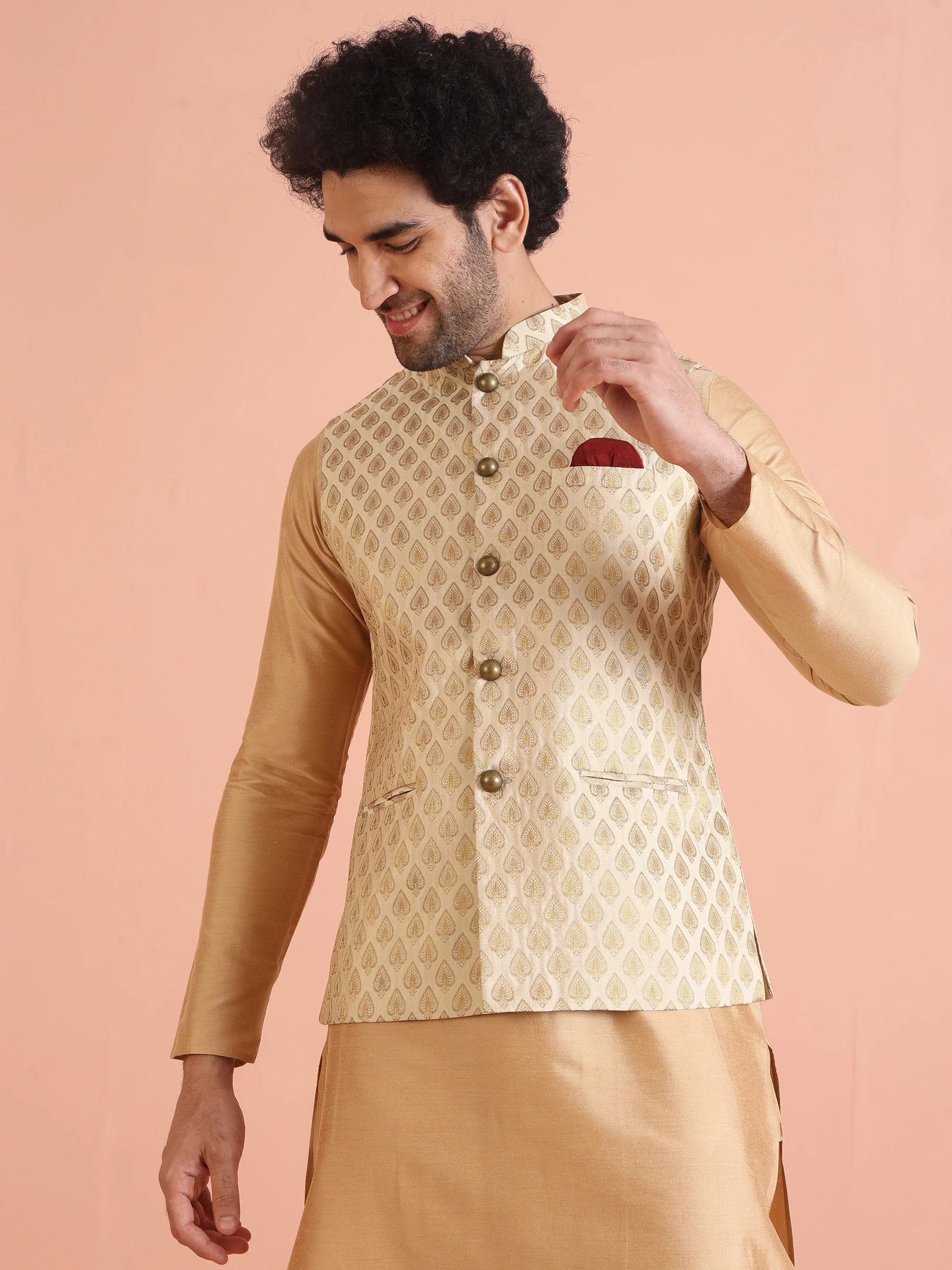 Cream Silk Blend Golden Jacquard Nehru Jacket