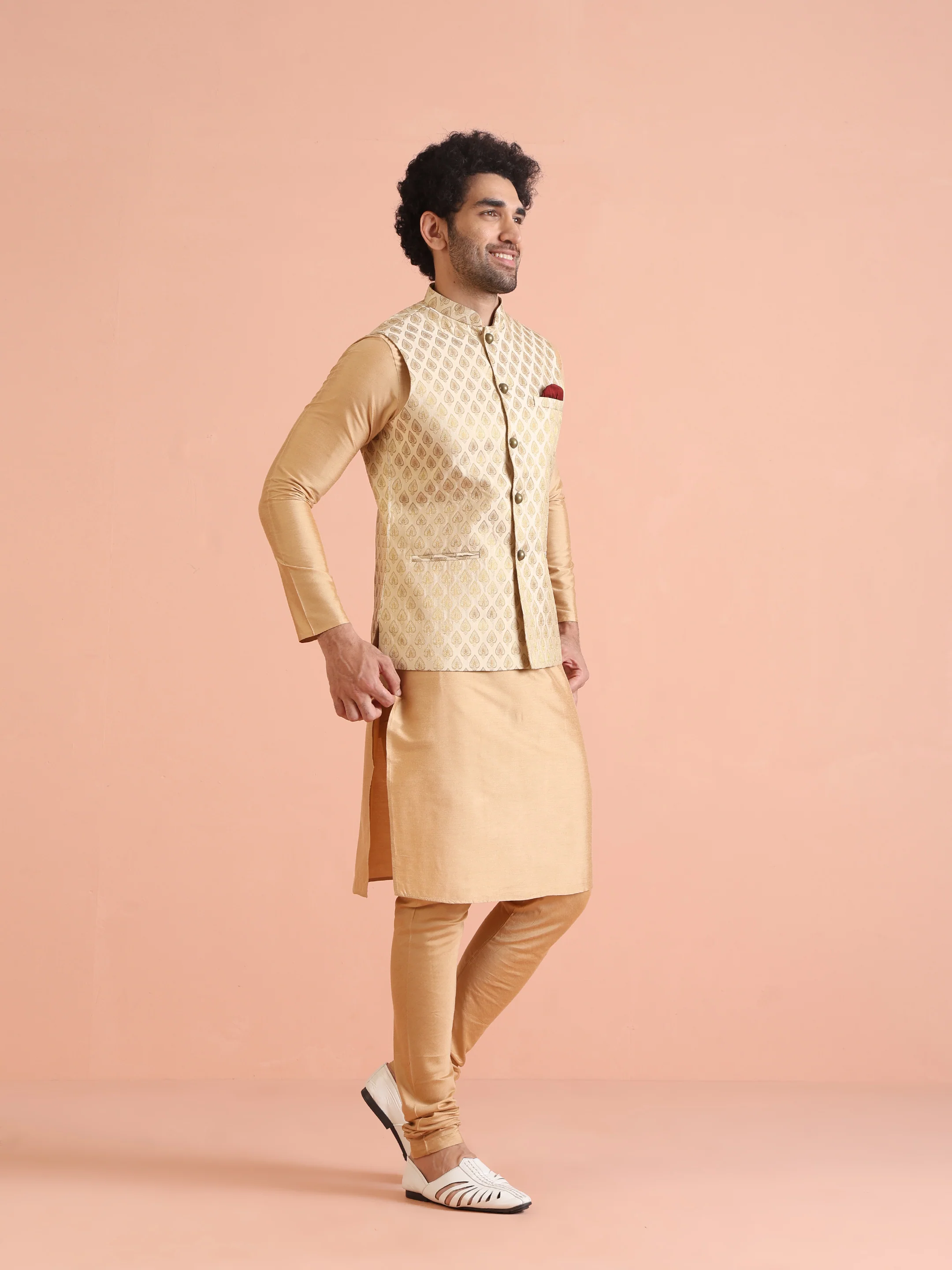 Cream Silk Blend Golden Jacquard Nehru Jacket - Image 3