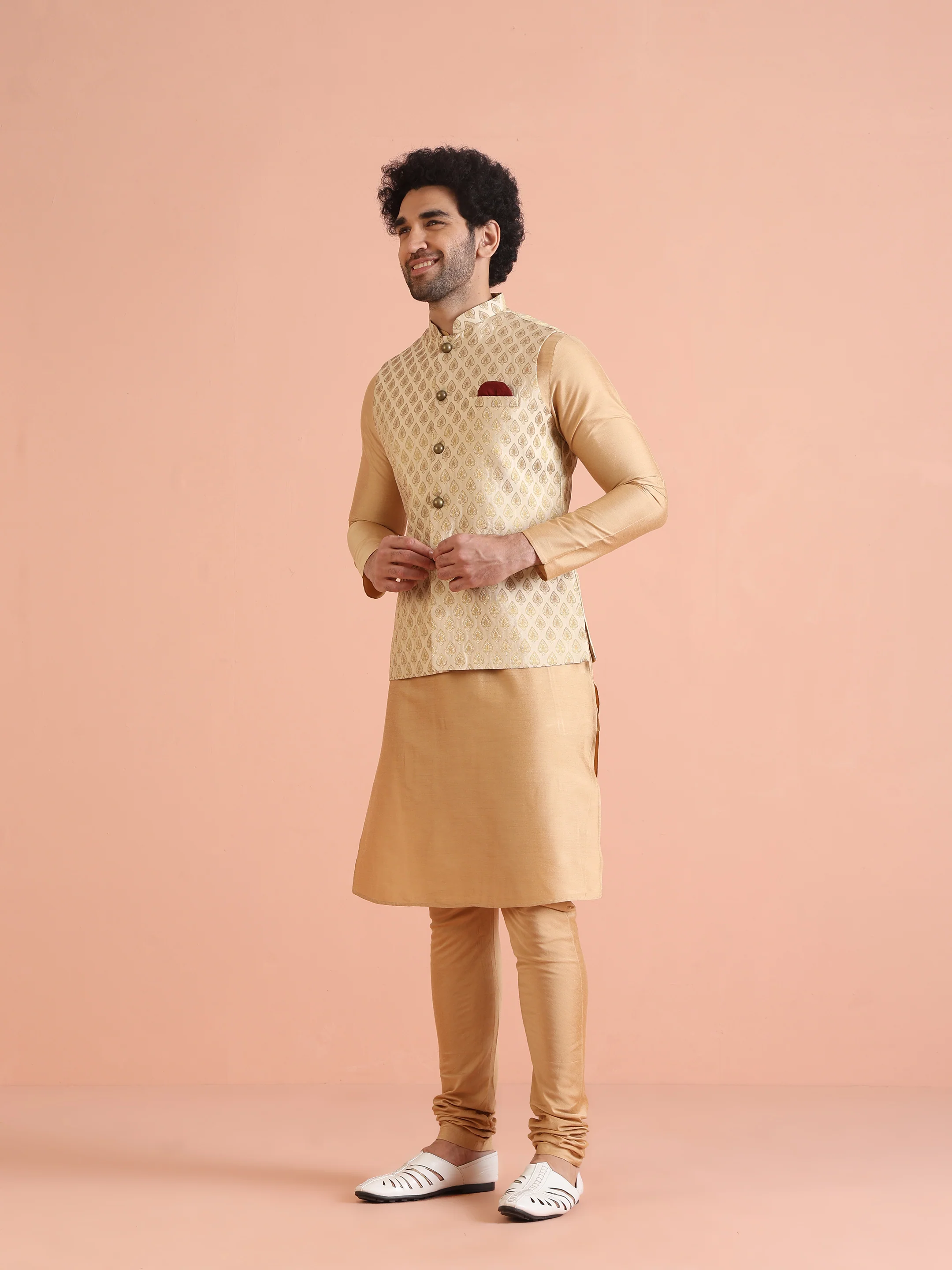 Cream Silk Blend Golden Jacquard Nehru Jacket - Image 4
