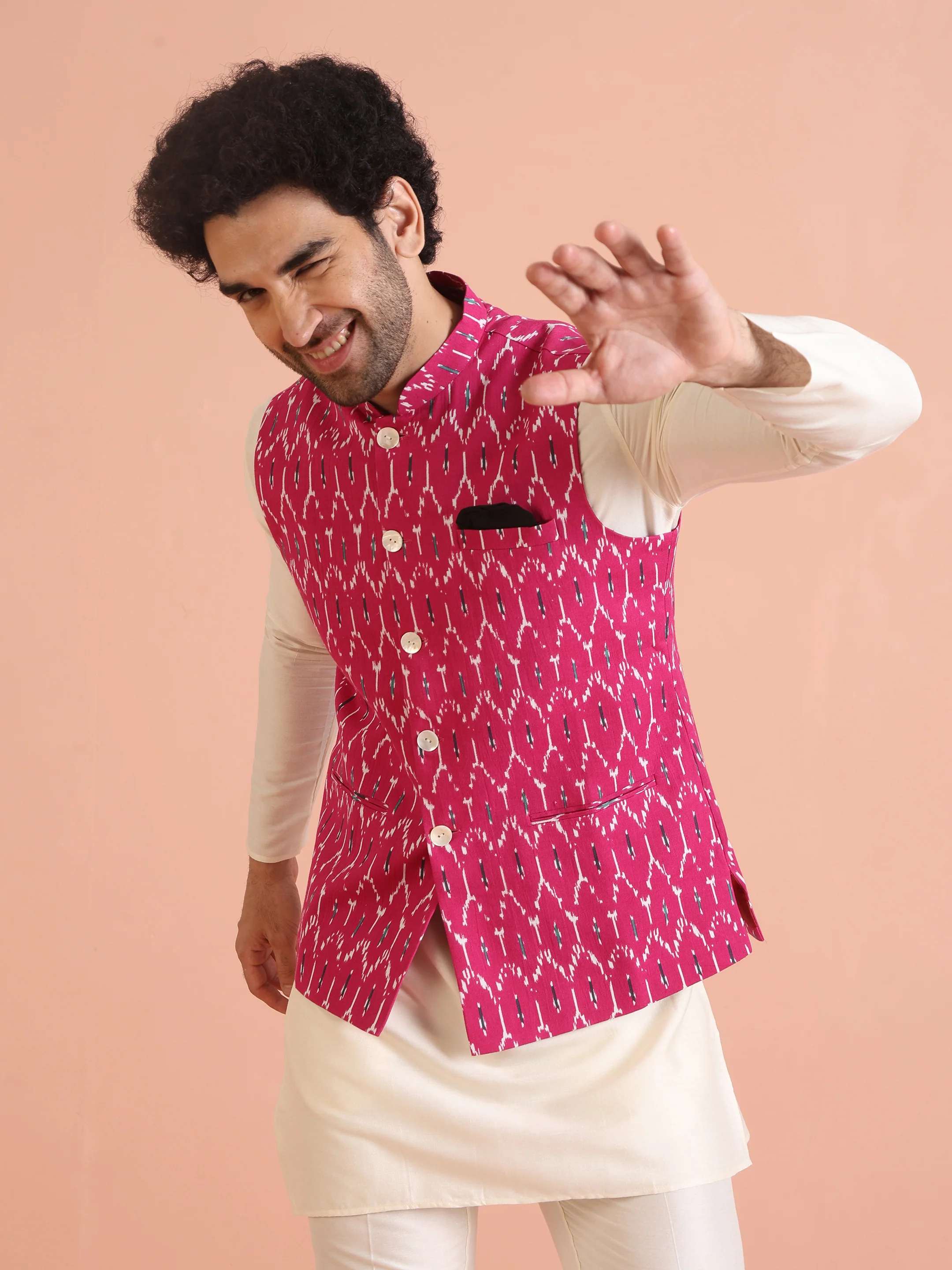Pink Cotton Silk Ikat Printed Nehru Jacket