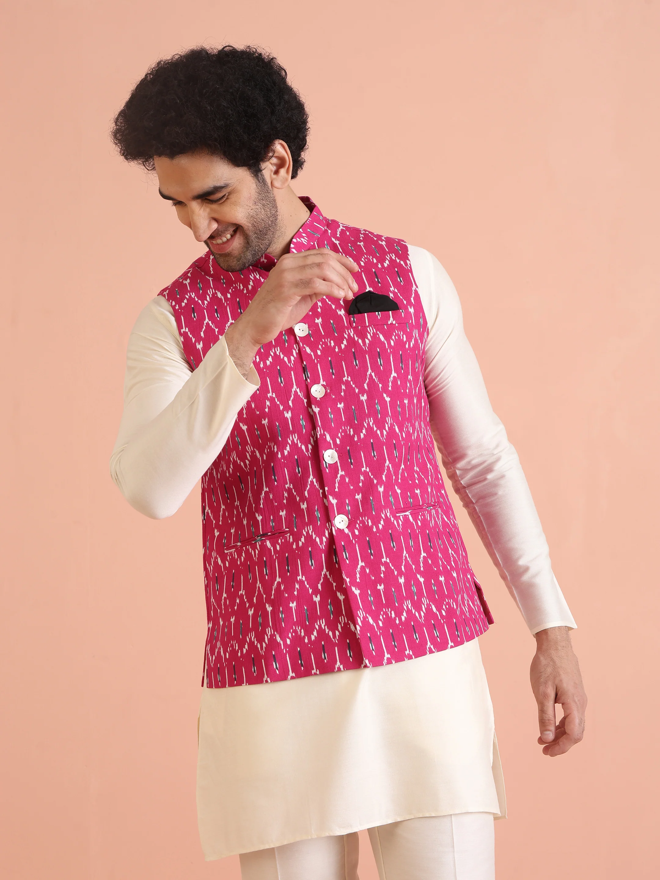 Pink Cotton Silk Ikat Printed Nehru Jacket - Image 2