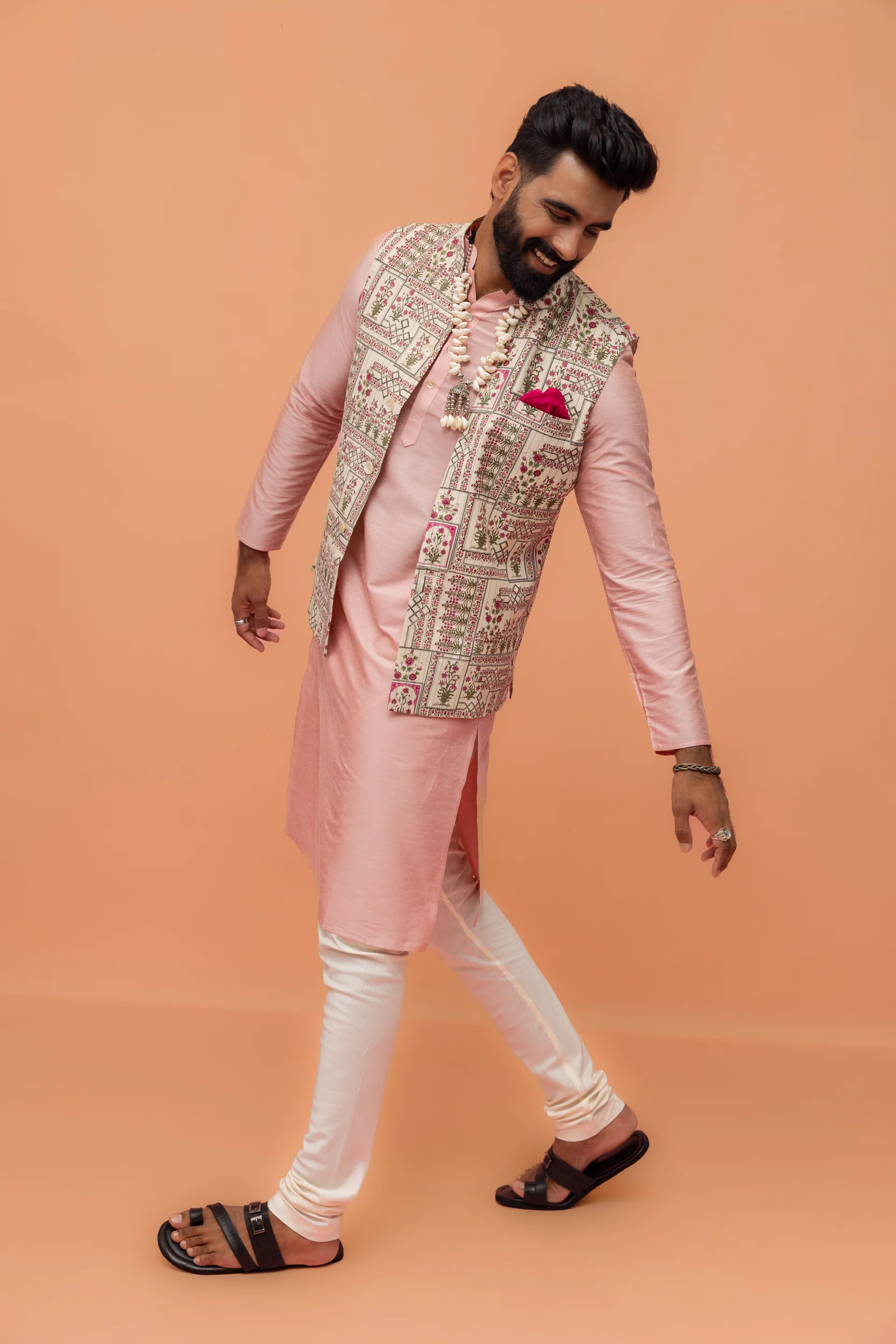 Beige Cotton Floral Printed Nehru Jacket - Image 3