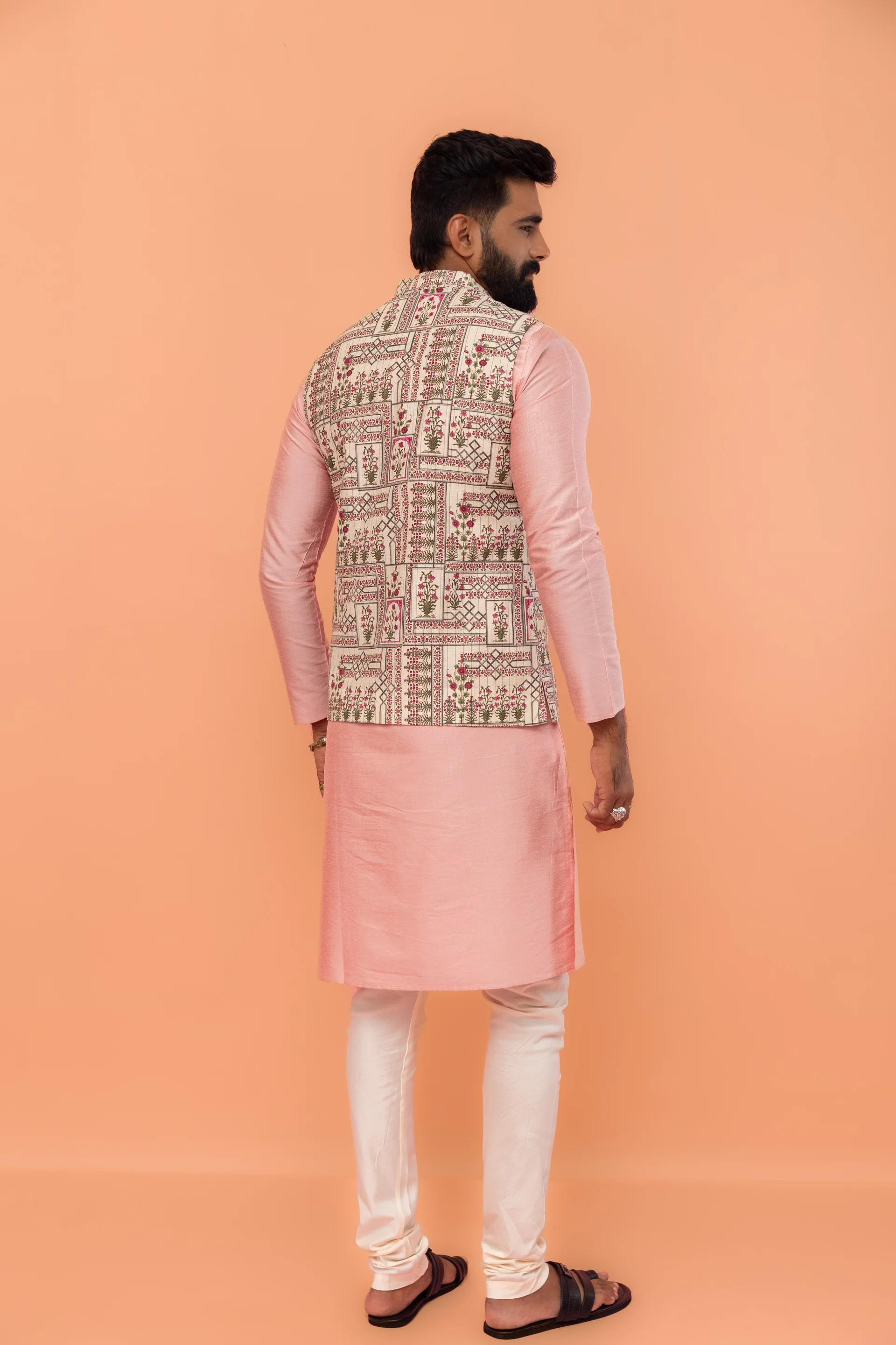 Beige Cotton Floral Printed Nehru Jacket - Image 5