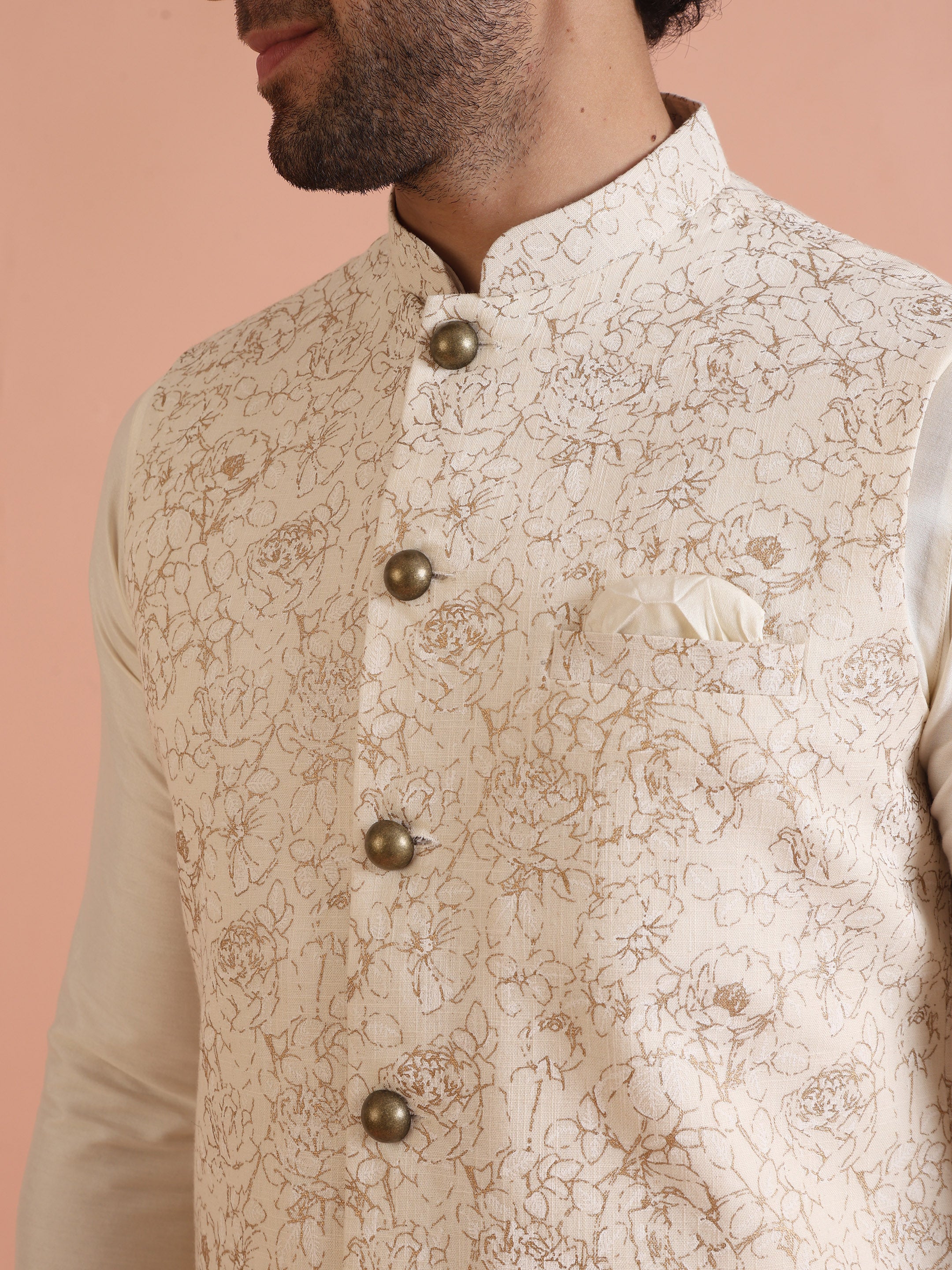 Cream Golden Floral Nehru Jacket - Image 4