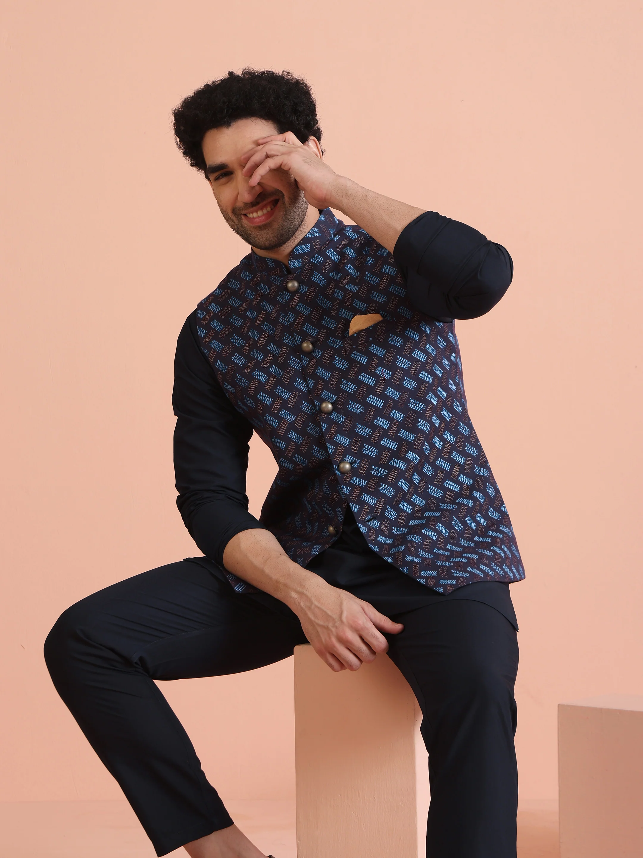 Navy Blue Printed Nehru Jacket