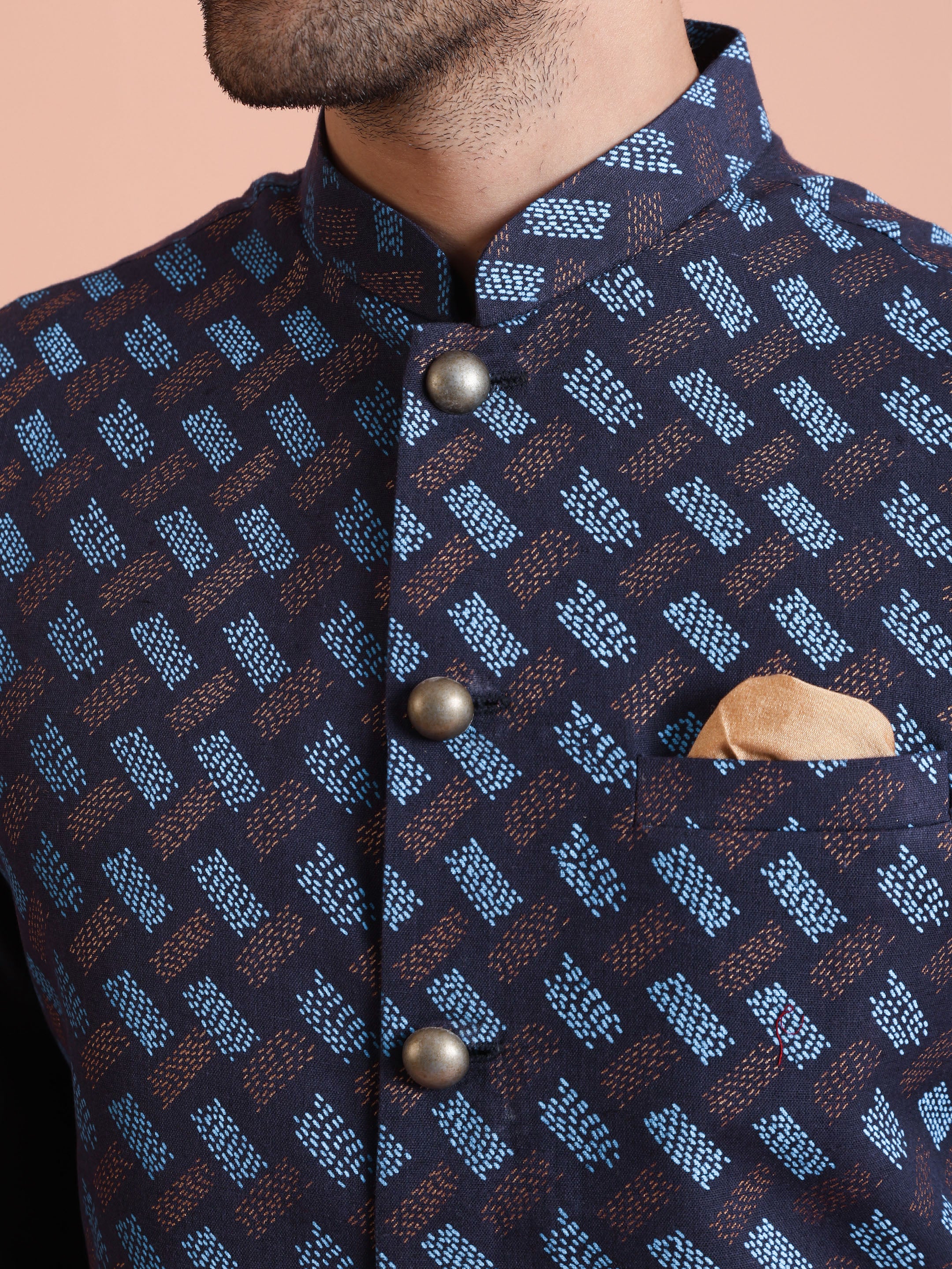 Navy Blue Printed Nehru Jacket - Image 2