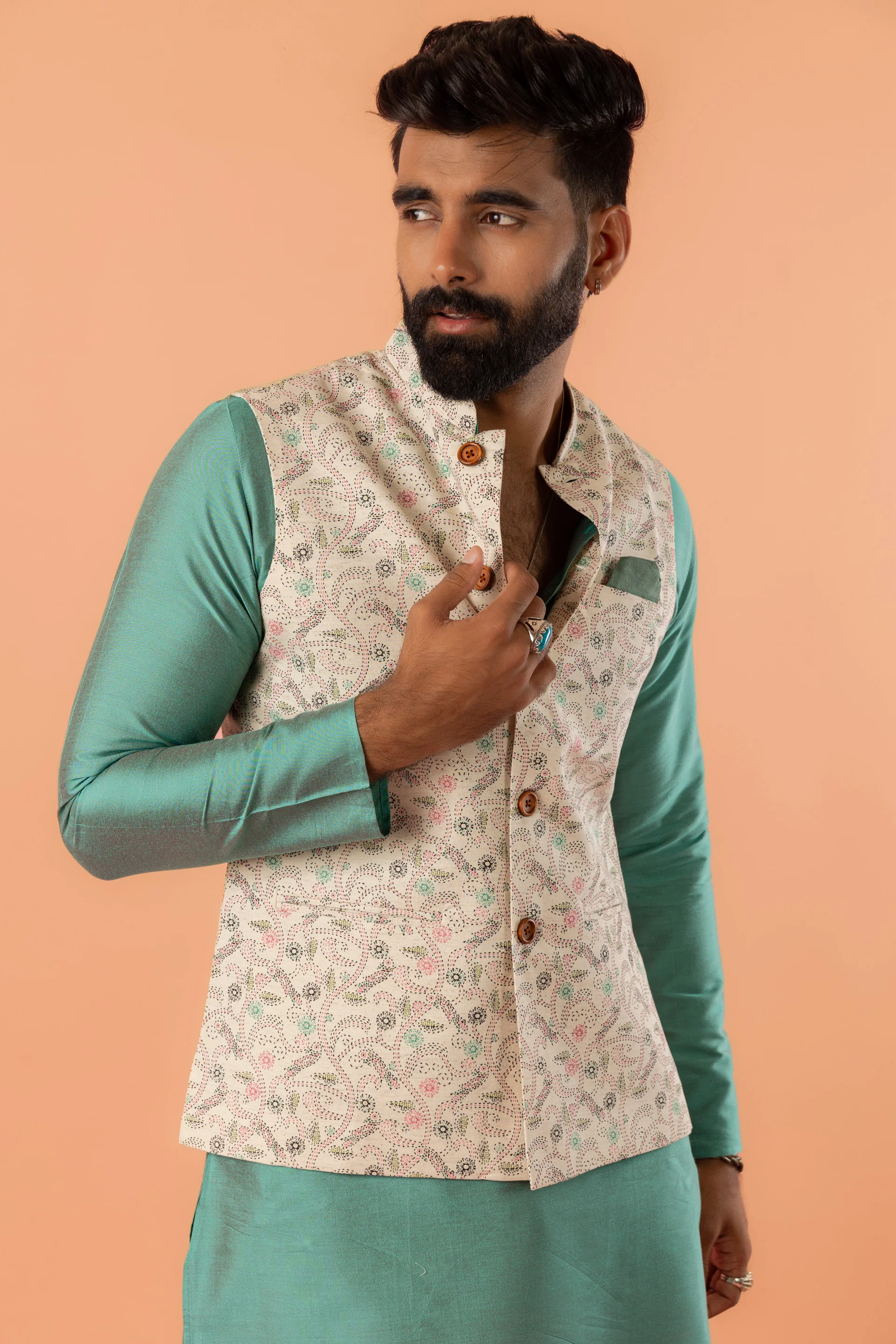 Beige Printed Nehru Jacket - Image 2