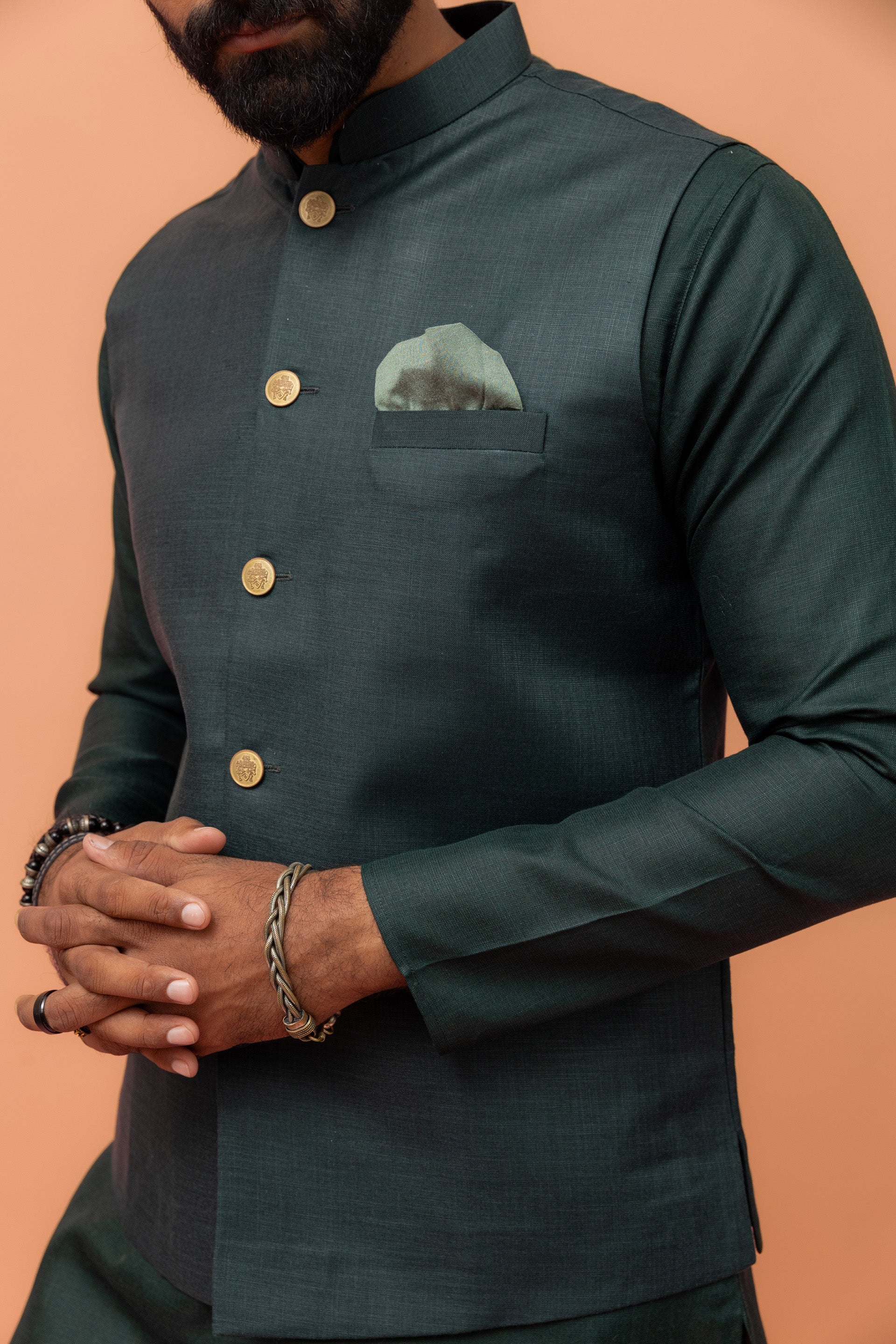Men Green Solid Nehru Jacket - Image 8