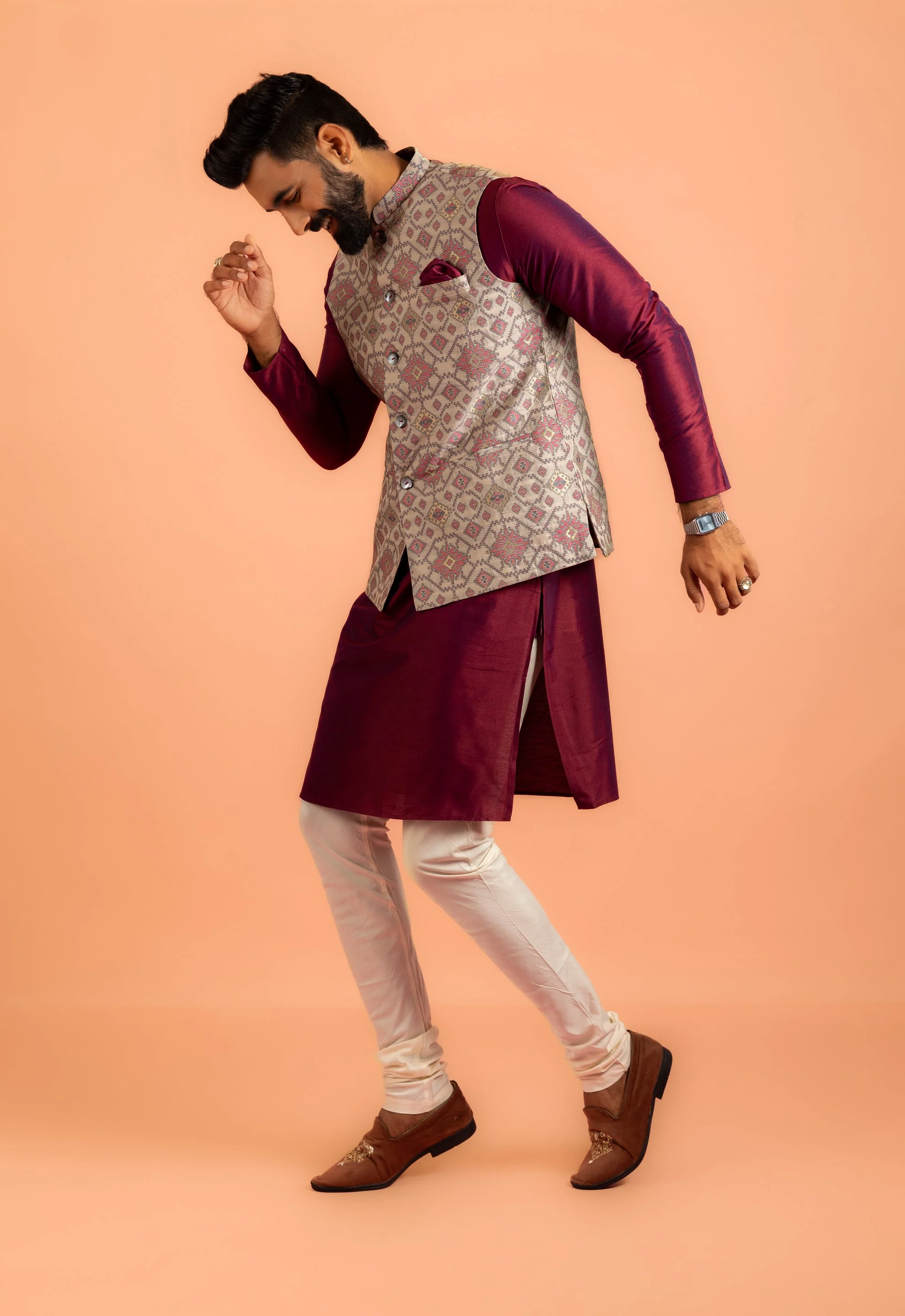 Men Grey Woven Design Nehru Jacket - Image 11
