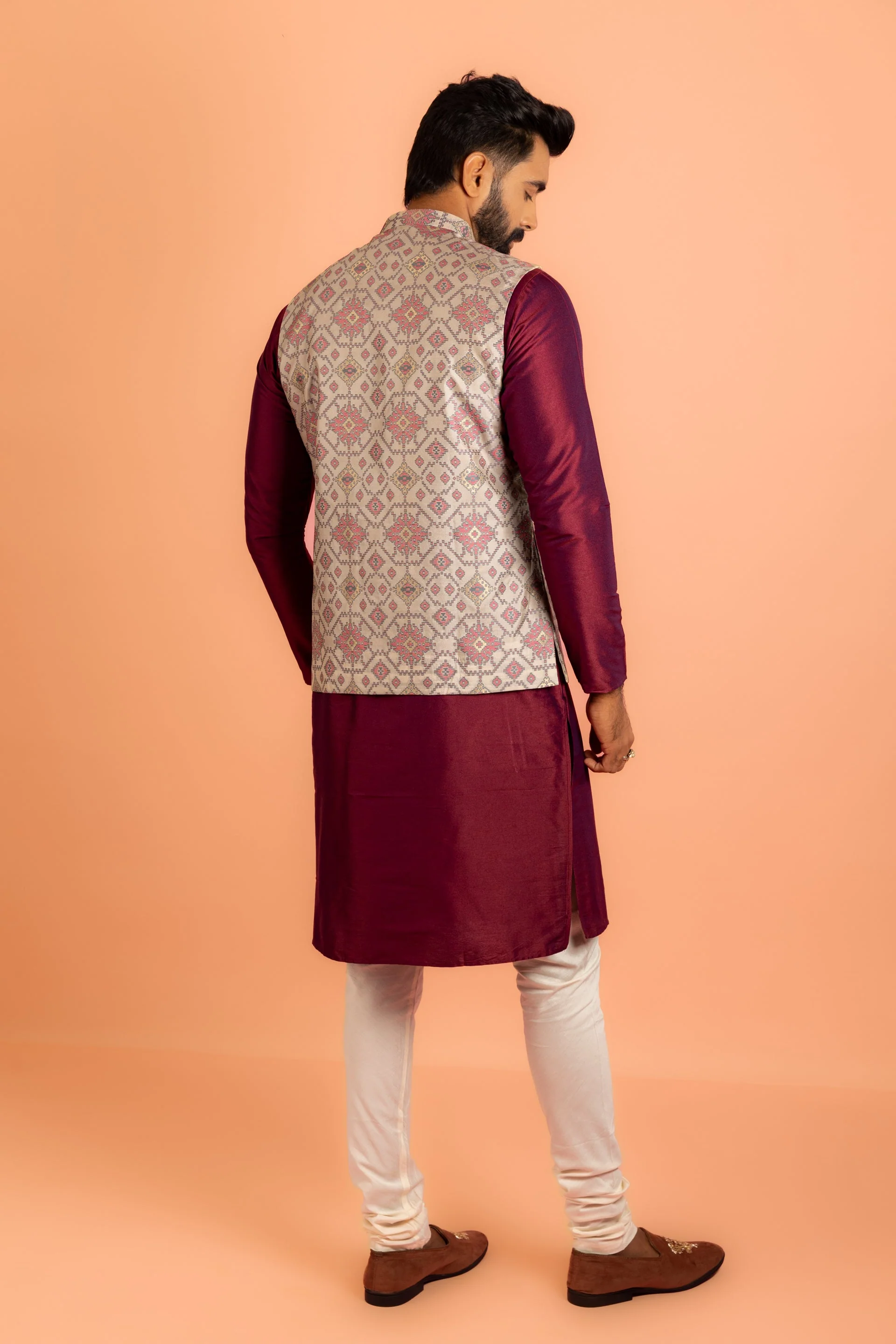 Men Grey Woven Design Nehru Jacket - Image 13