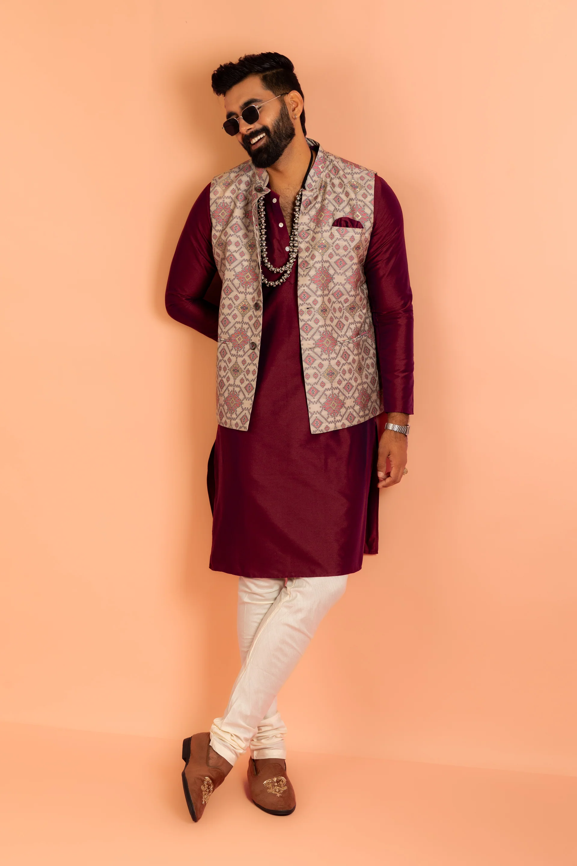 Men Grey Woven Design Nehru Jacket - Image 2