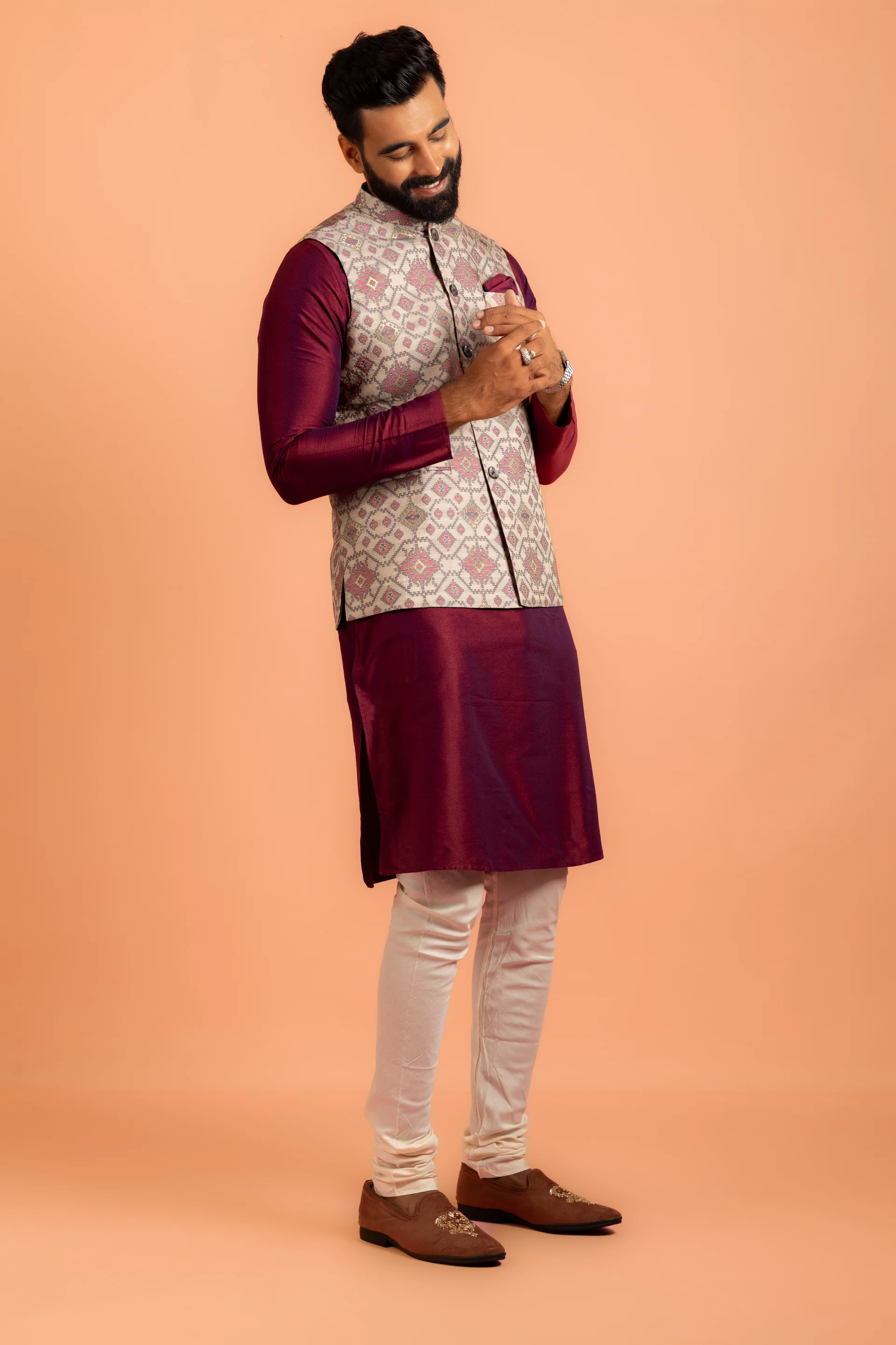 Men Grey Woven Design Nehru Jacket - Image 4