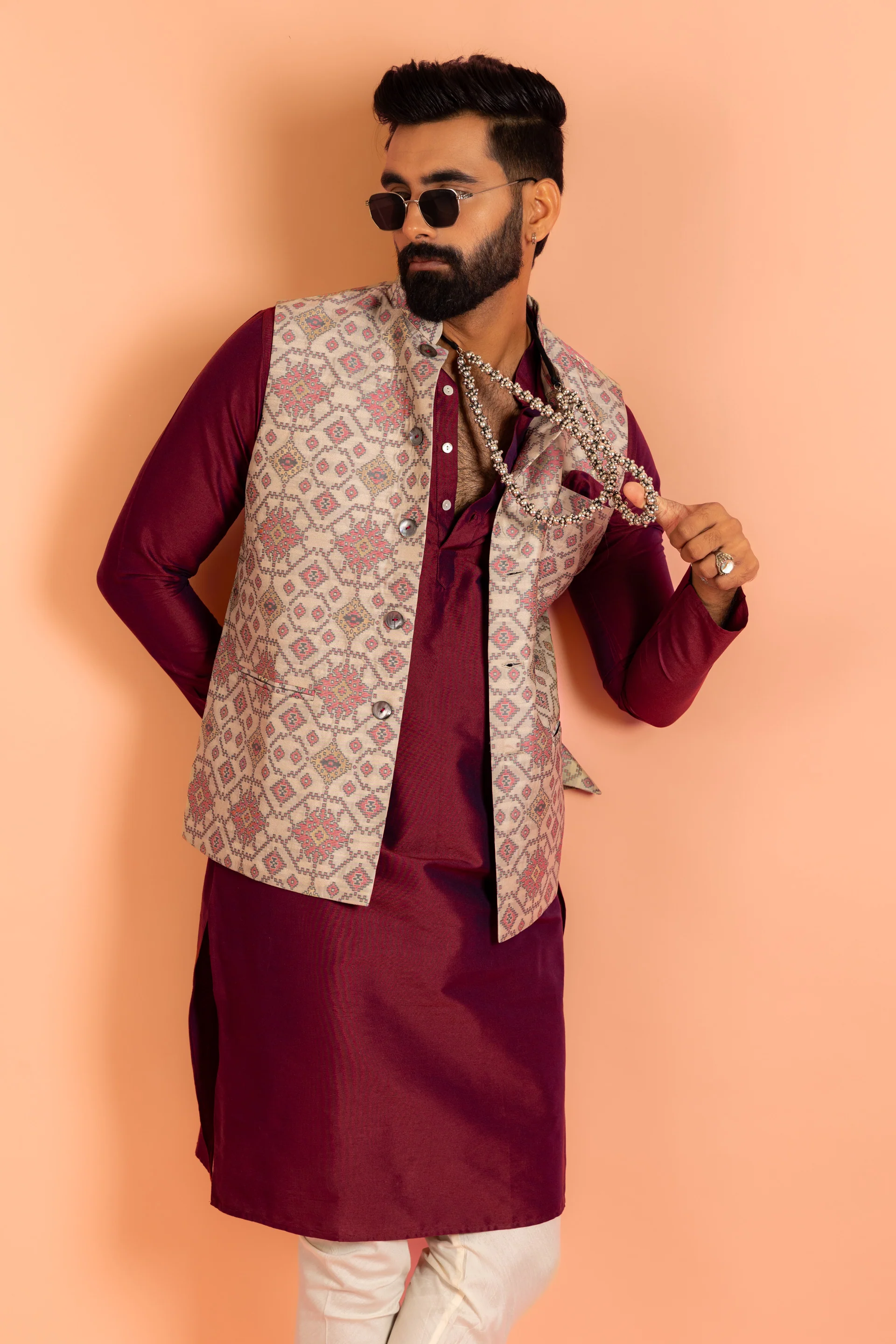 Men Grey Woven Design Nehru Jacket - Image 7
