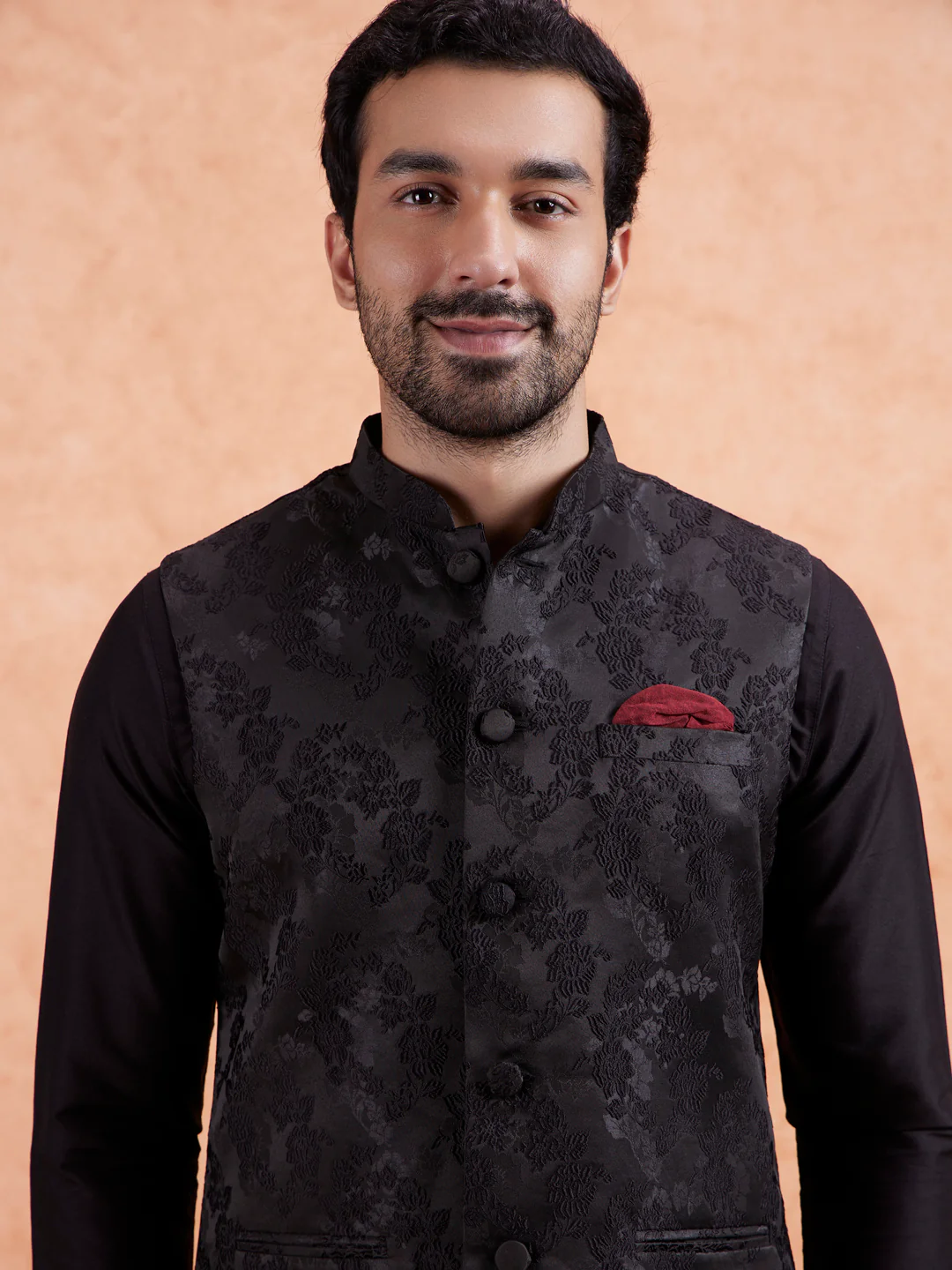 Black Jacquard Floral Nehru Jacket - Image 2