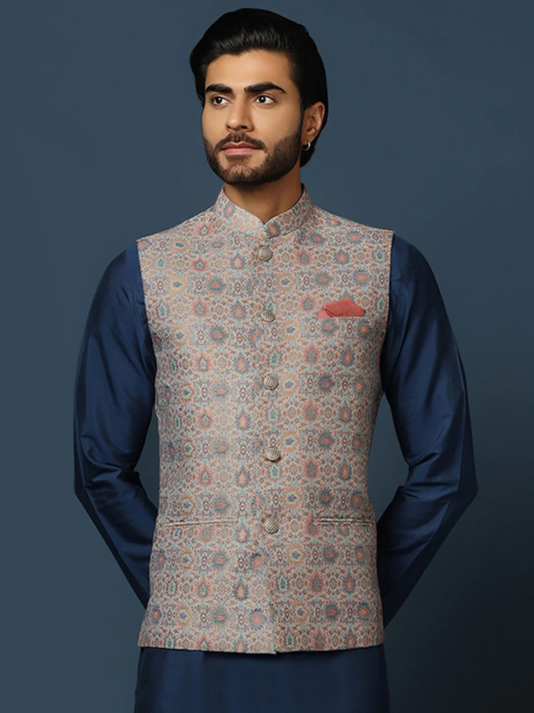 Grey Jacquard Nehru Jacket with Multicolor Weave