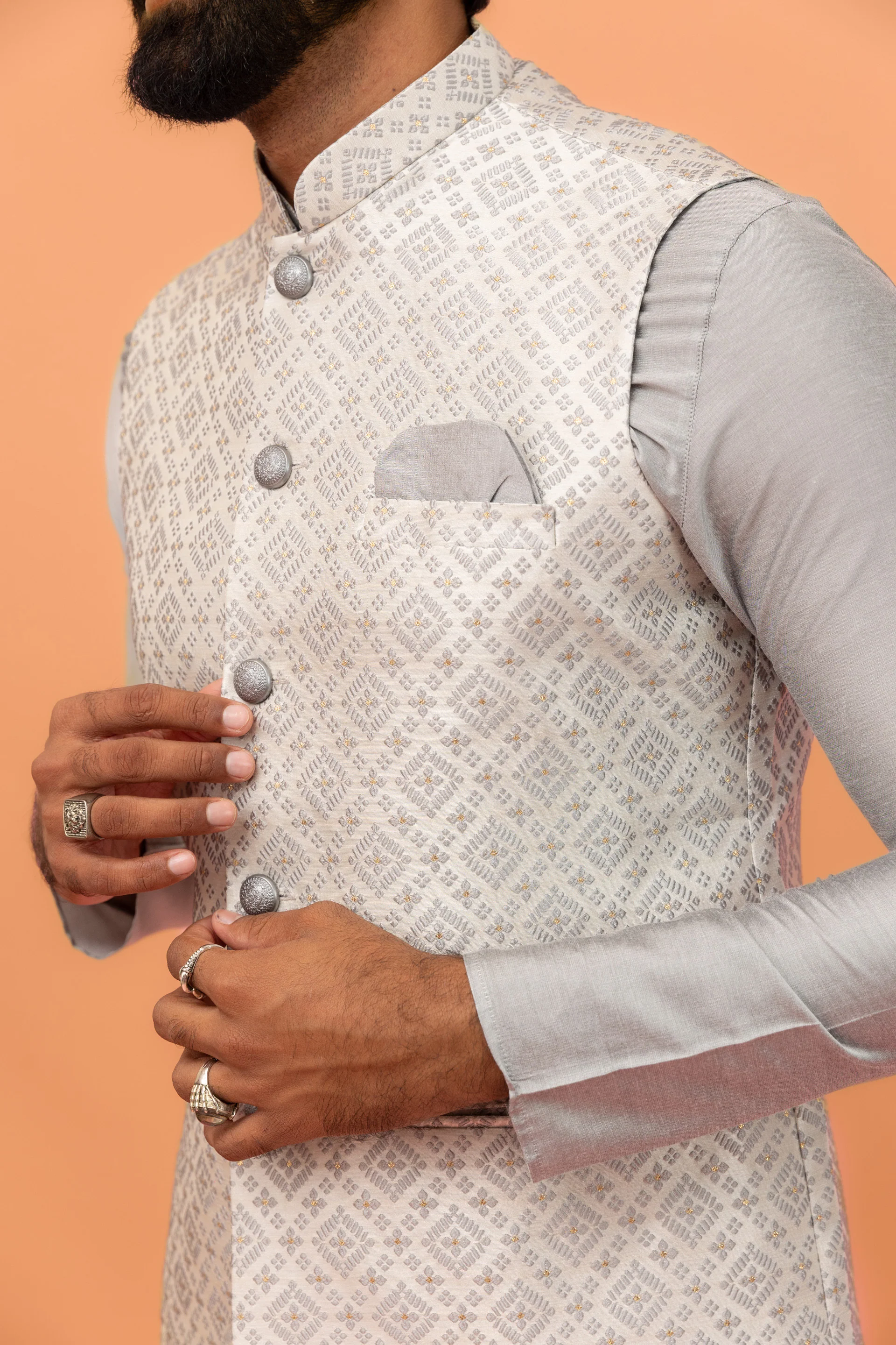 Grey Textured Nehru Jacket - Image 6