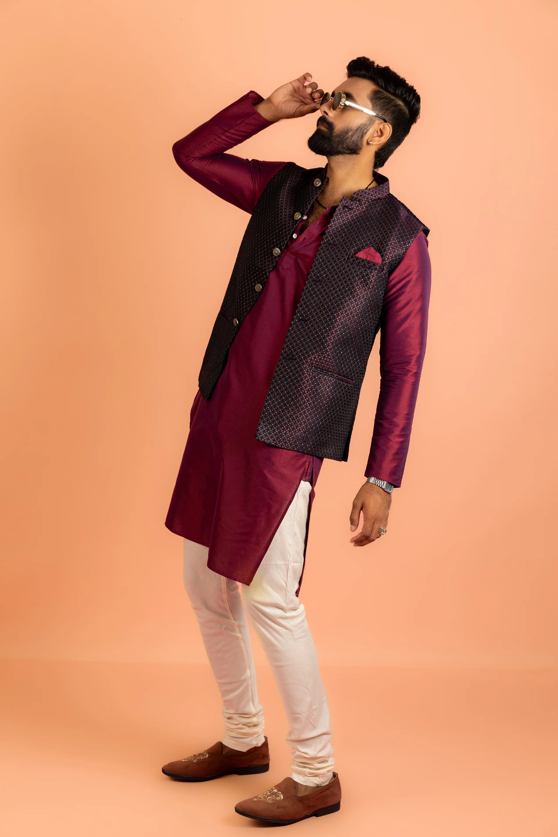 Wine Silk Blend Woven Nehru Jacket Bundi - Image 4
