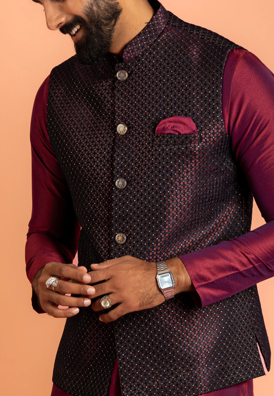 Wine Silk Blend Woven Nehru Jacket Bundi - Image 7