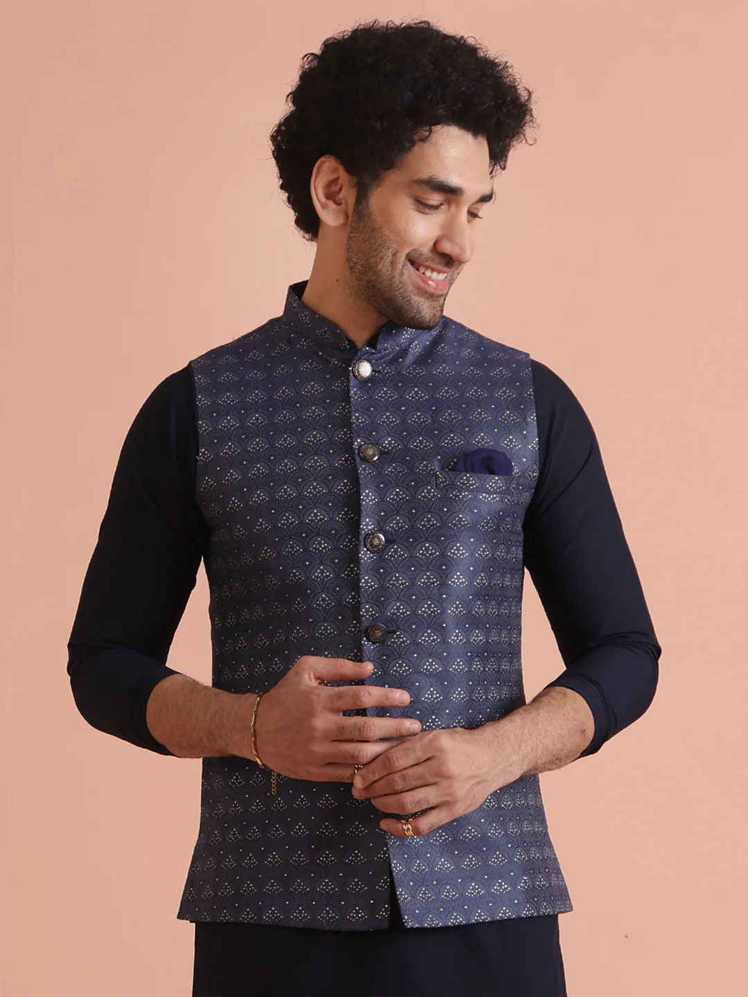 Navy Blue Silk Blend Jacquard Nehru Jacket