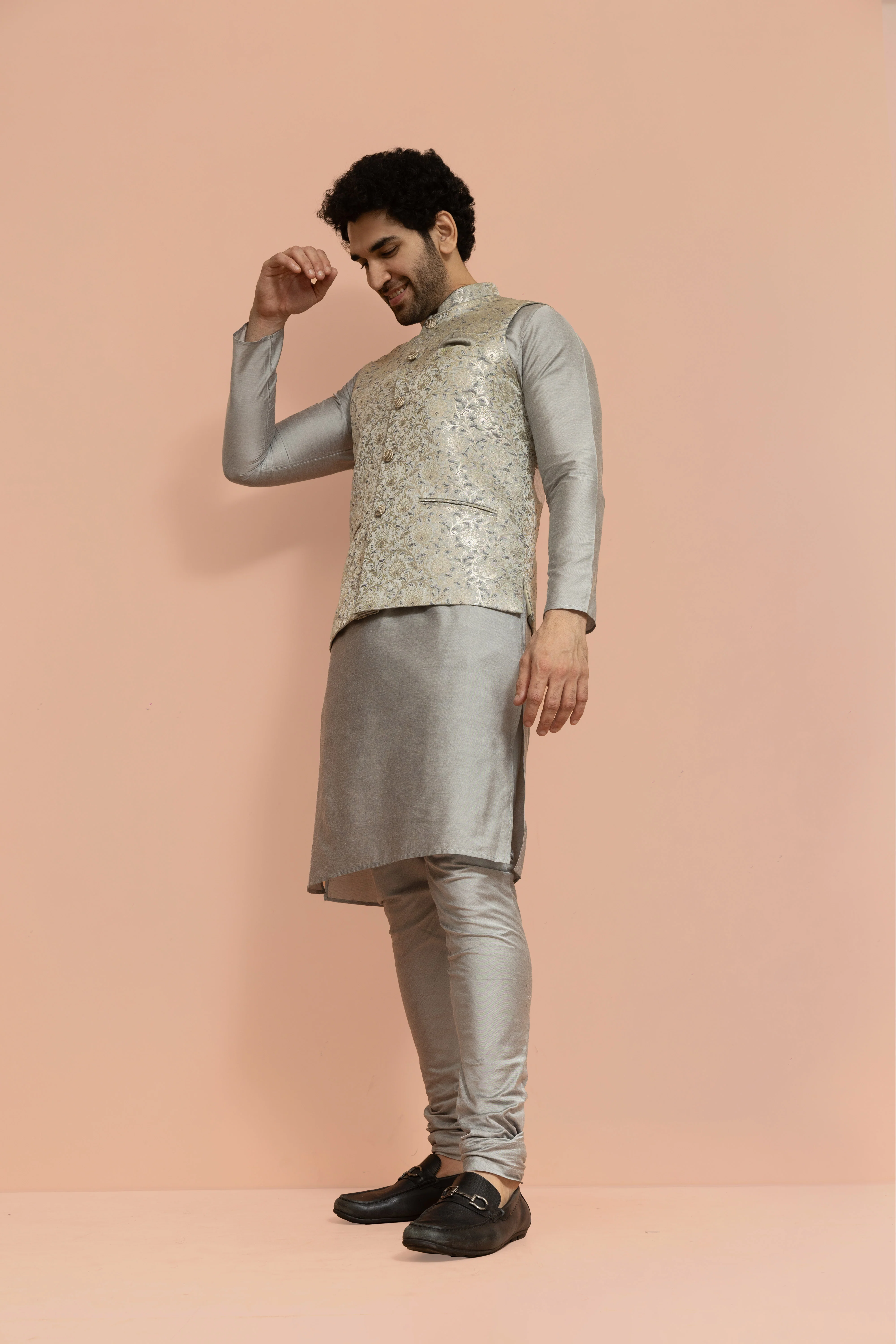 Men Grey Jacquard Floral Nehru Jacket - Image 2