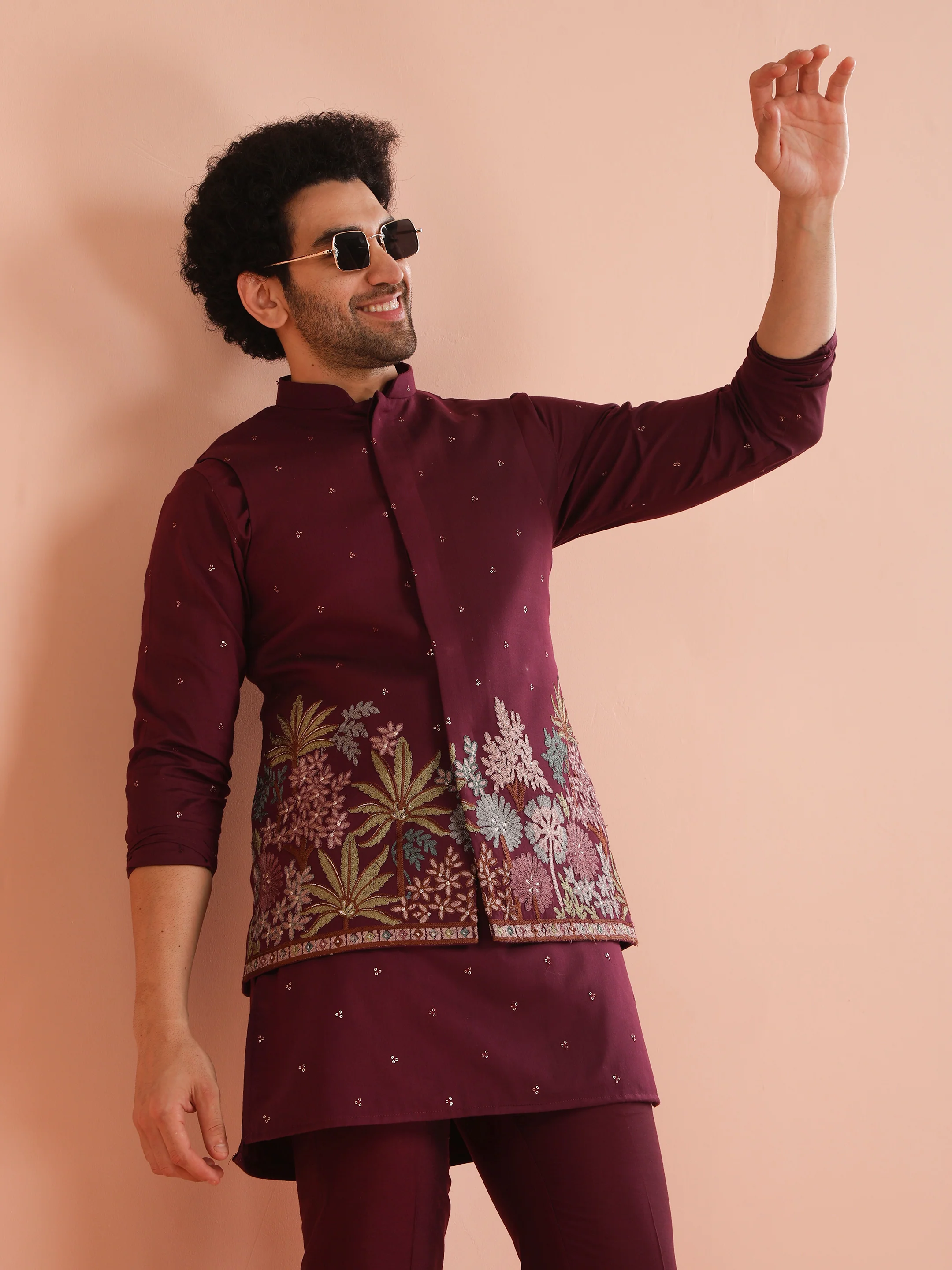 Wine Embroidered Floral Nehru Jacket - Image 2